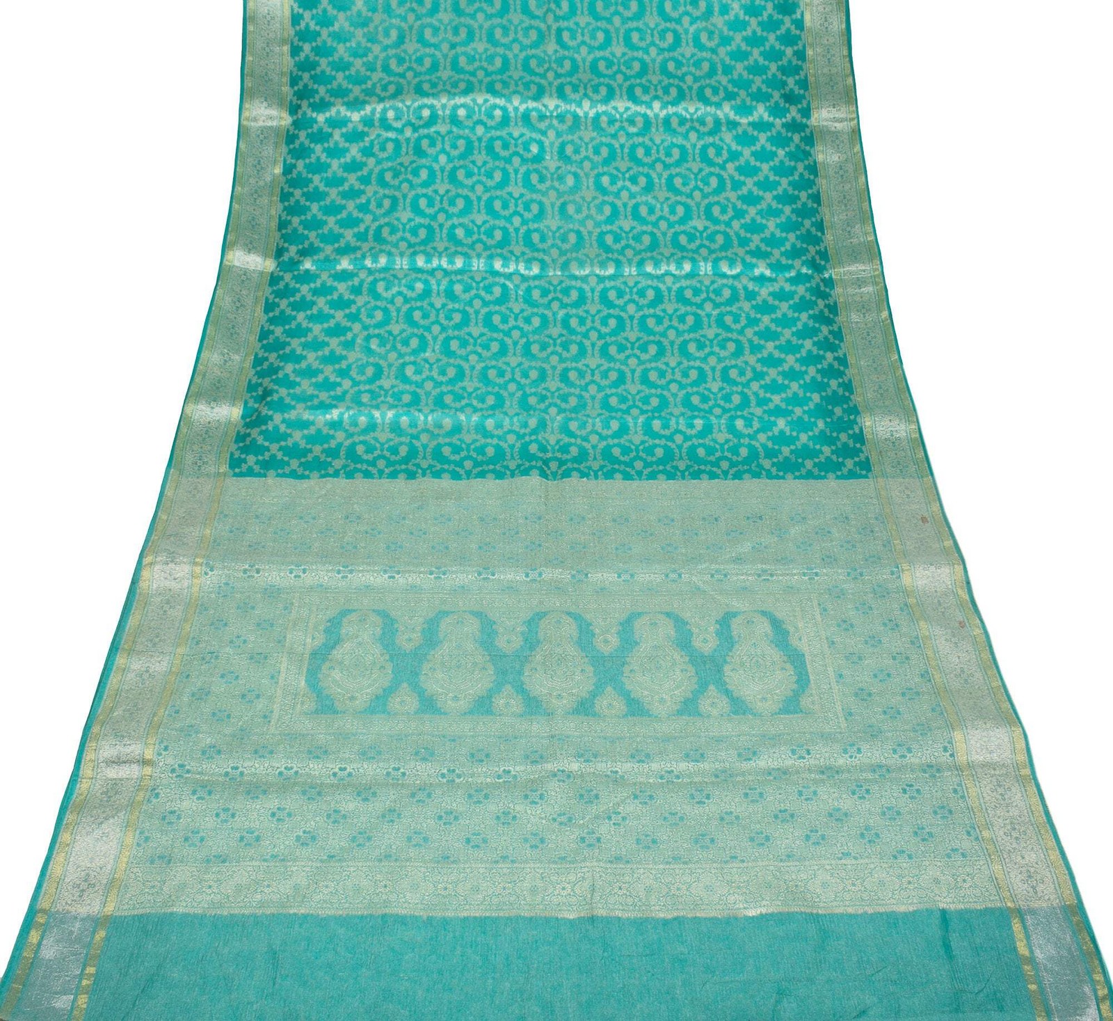Sushila Vintage Aqua Green Saree Woven Floral Pure Tussar Silk Sari Craft Fabric