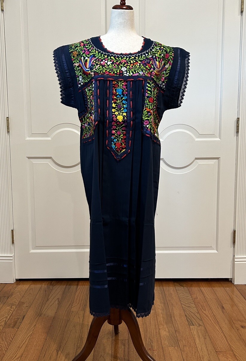 Mexican Navy Blue dress, Oaxaca dress, hand embroidery dress.