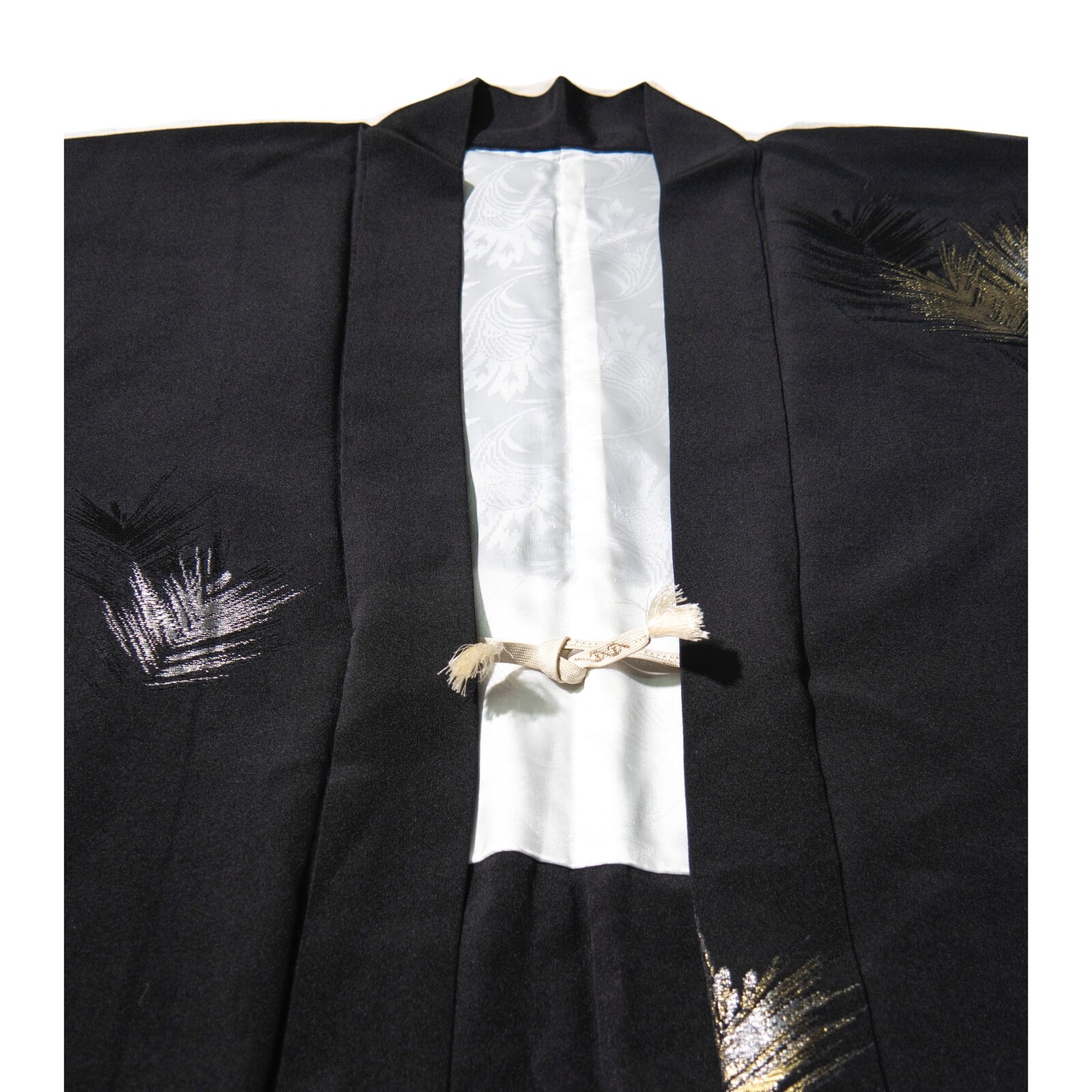 black gold and silver feather embroidered silk antique short kimono haori