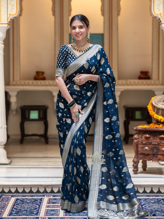 Navy Blue Wedding Saree Soft Lichi Silk Jacquard Rich Pallu Indian Ethnic Wear
