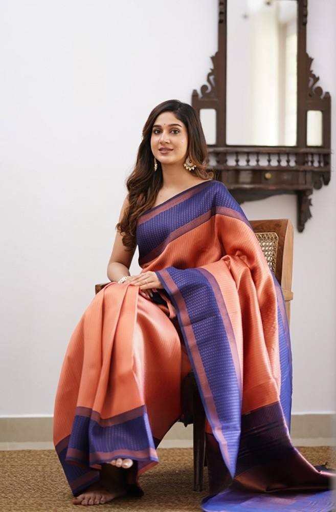 Elegant Peach Orange & Roy Saree with Blouse Jacquard Border Indian Wedding Wear