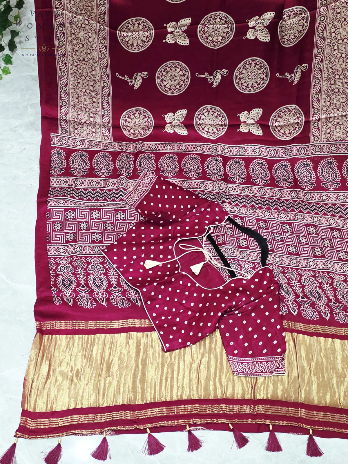 Ajrakh Semi Modal Silk Saree Wine Berry Artisan Print Blouse 36-42 Ready Ship