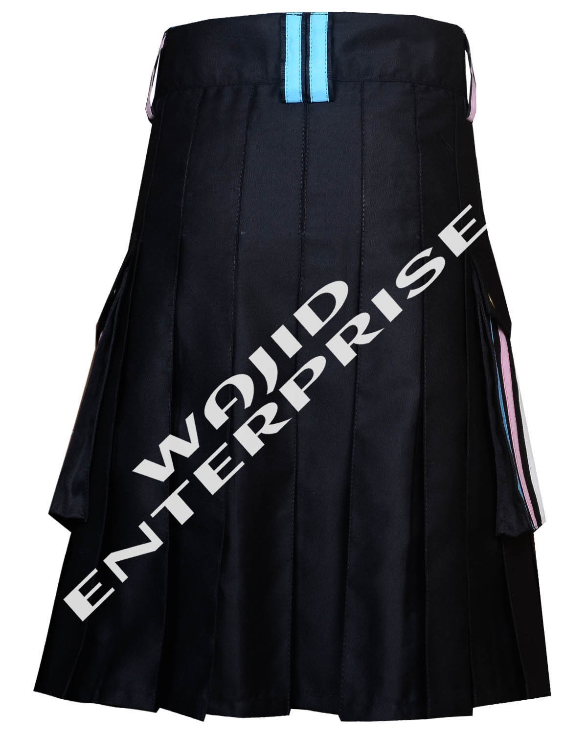 Handmade Trans Pride Utility Kilt, five Blue pink and white stripes