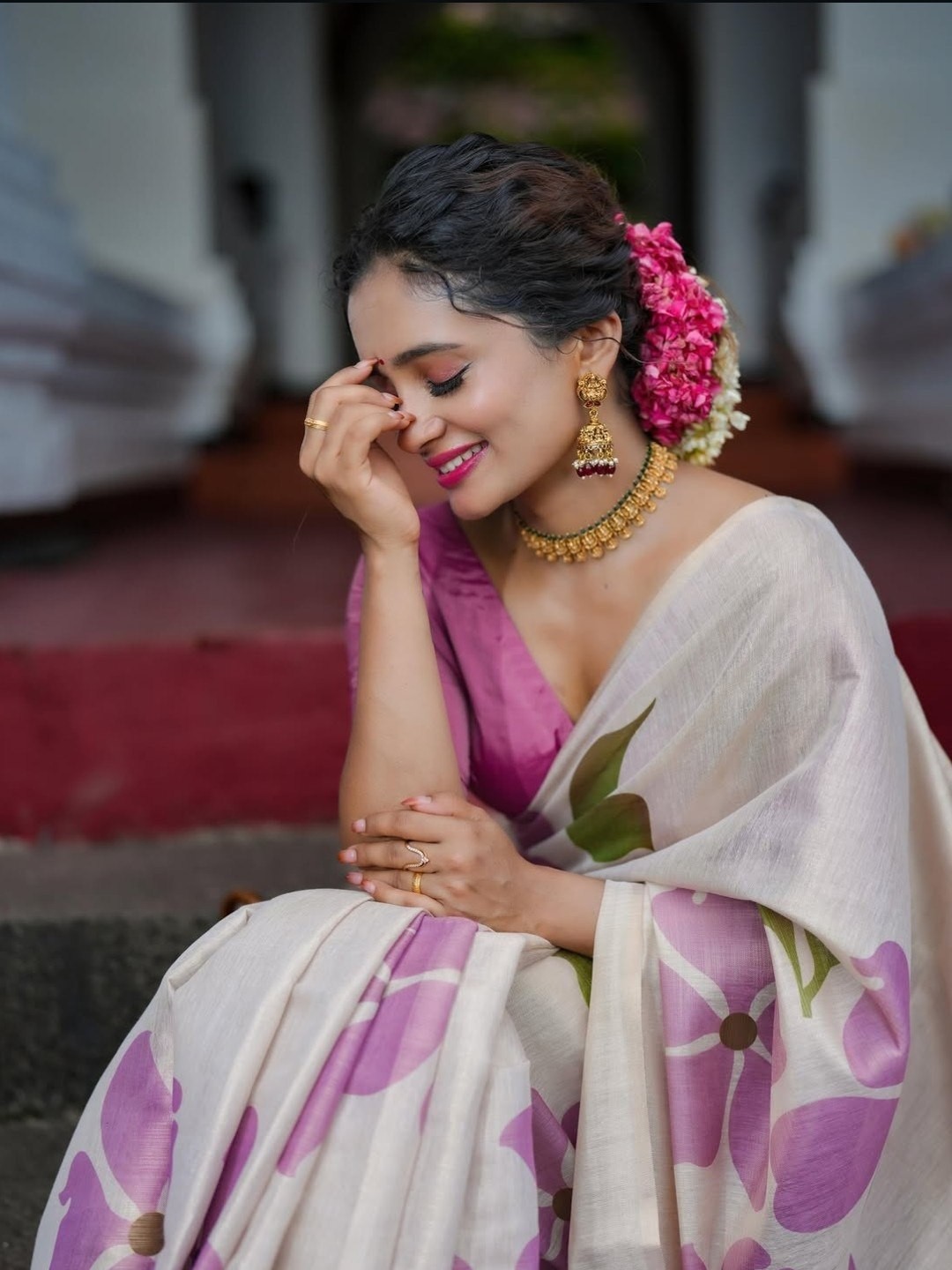Women’s Cream Pink Linen Tissue Silk Saree Floral Matching Blouse Ethnic Sari