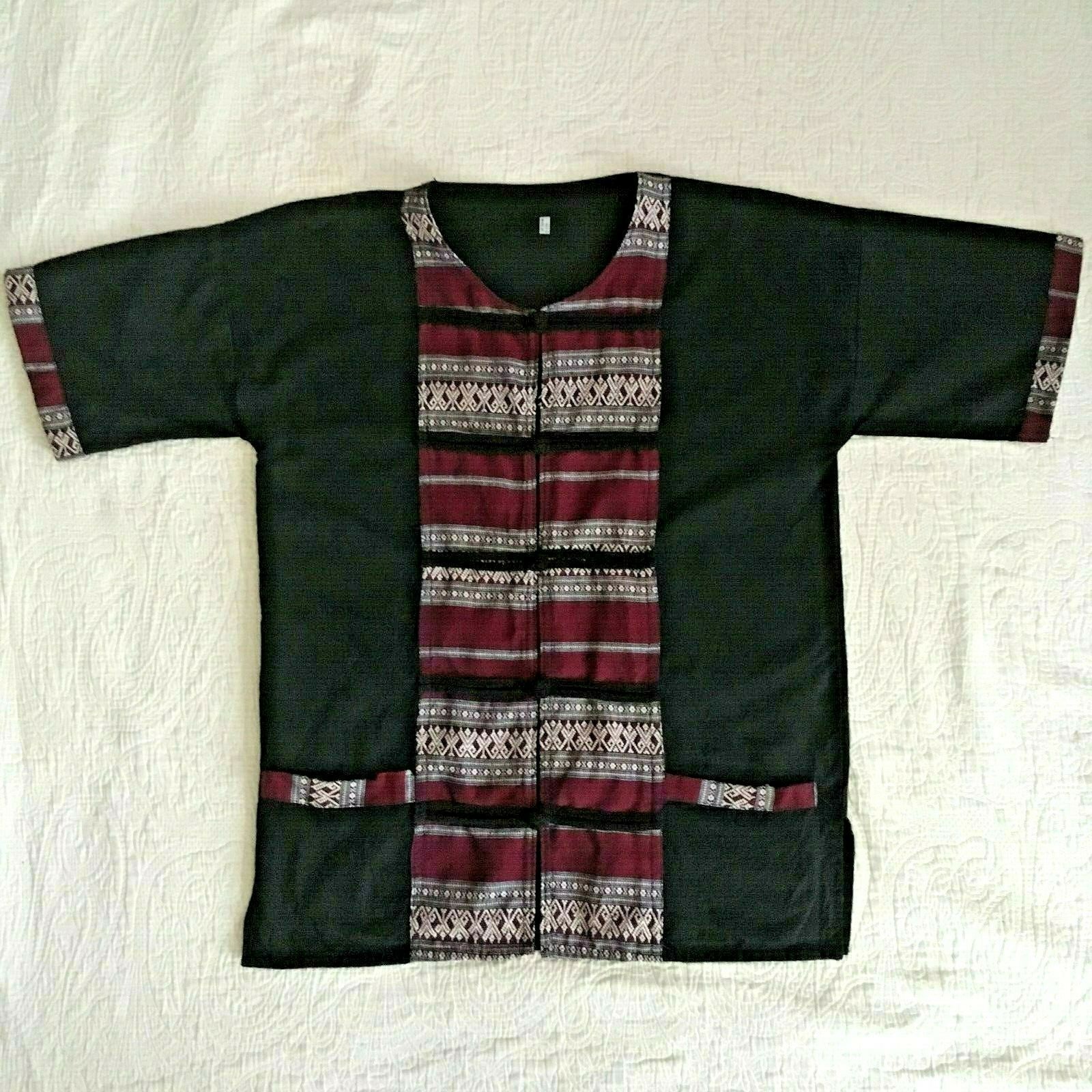 Thai Thailand 100% Cotton Shirt Short Sleeve Black Traditional Mens S Womens L
