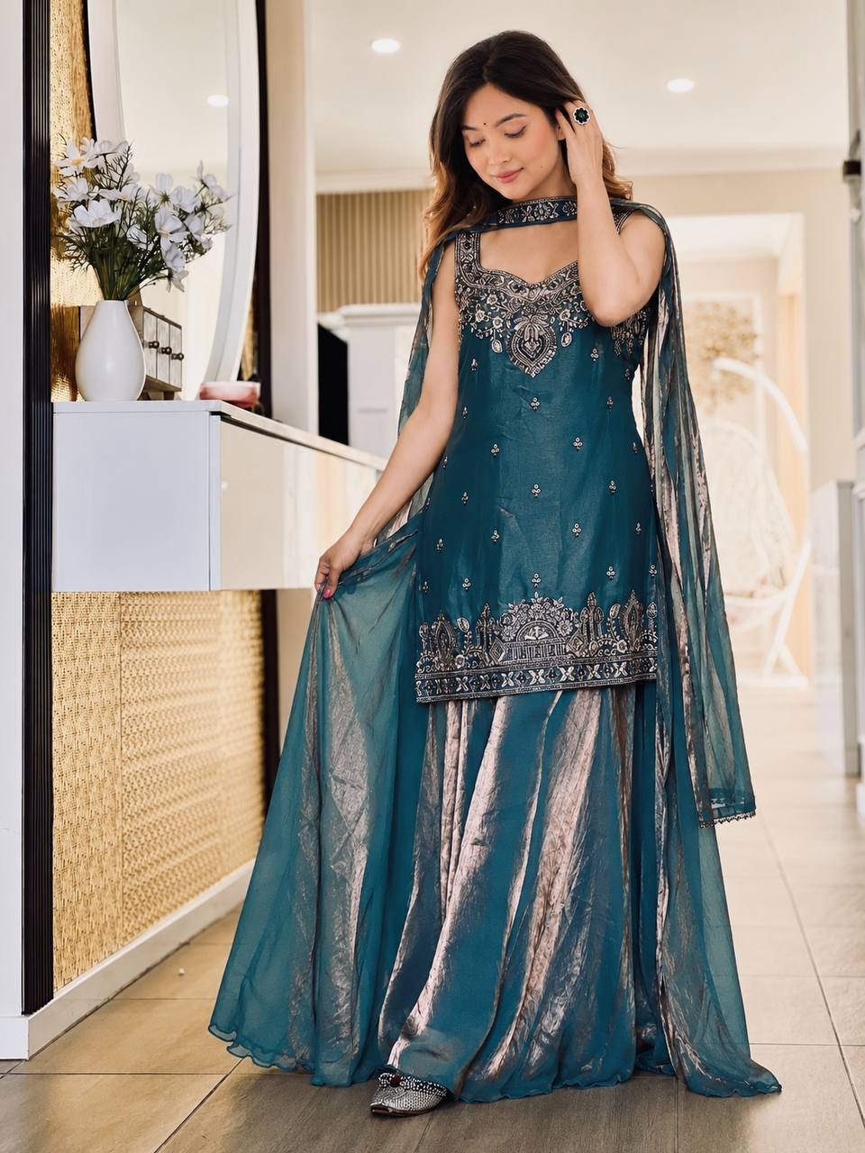 Attractive Look Pure Silk Teal Blue Top Palazzo With Dupatta For Indian Party
