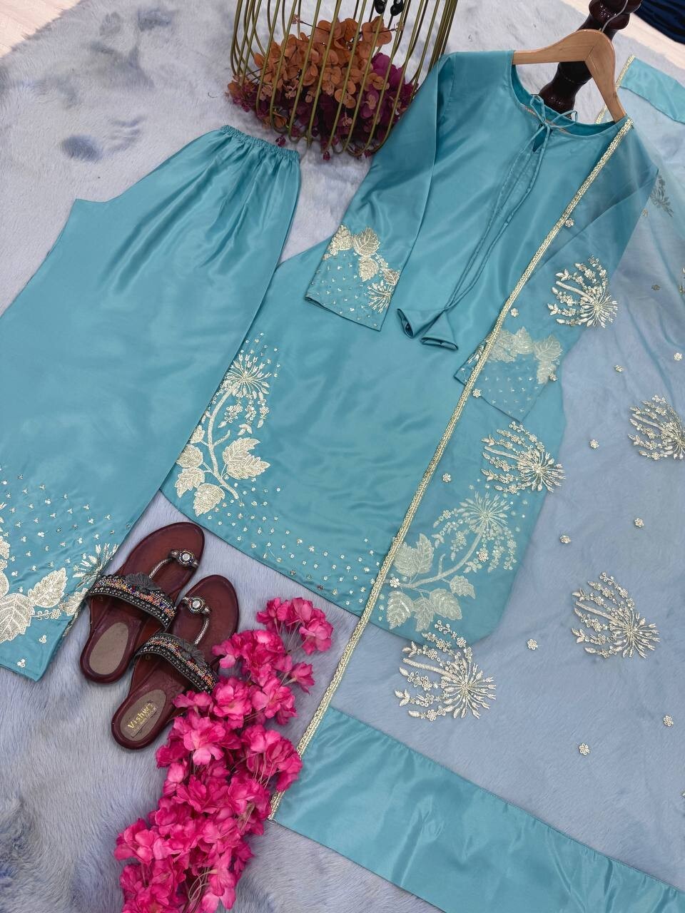 Party Collection Pure Natural Crepe Sky Blue Top Palazzo And Dupatta For Women