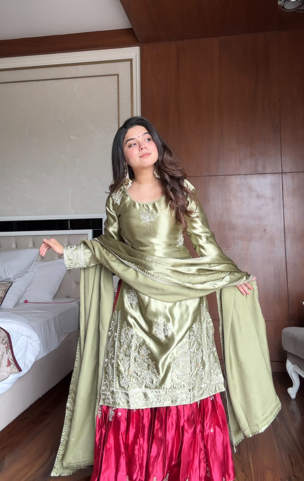 DESIGNER MOSS SATIN SARARA SUIT – SEQUENCE EMBROIDERY WORK