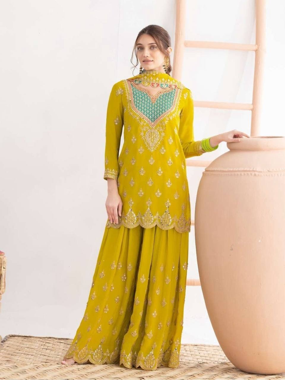 New Designer Yellow Chinnon Silk Kurta Palazzo With Dupatta For Wedding