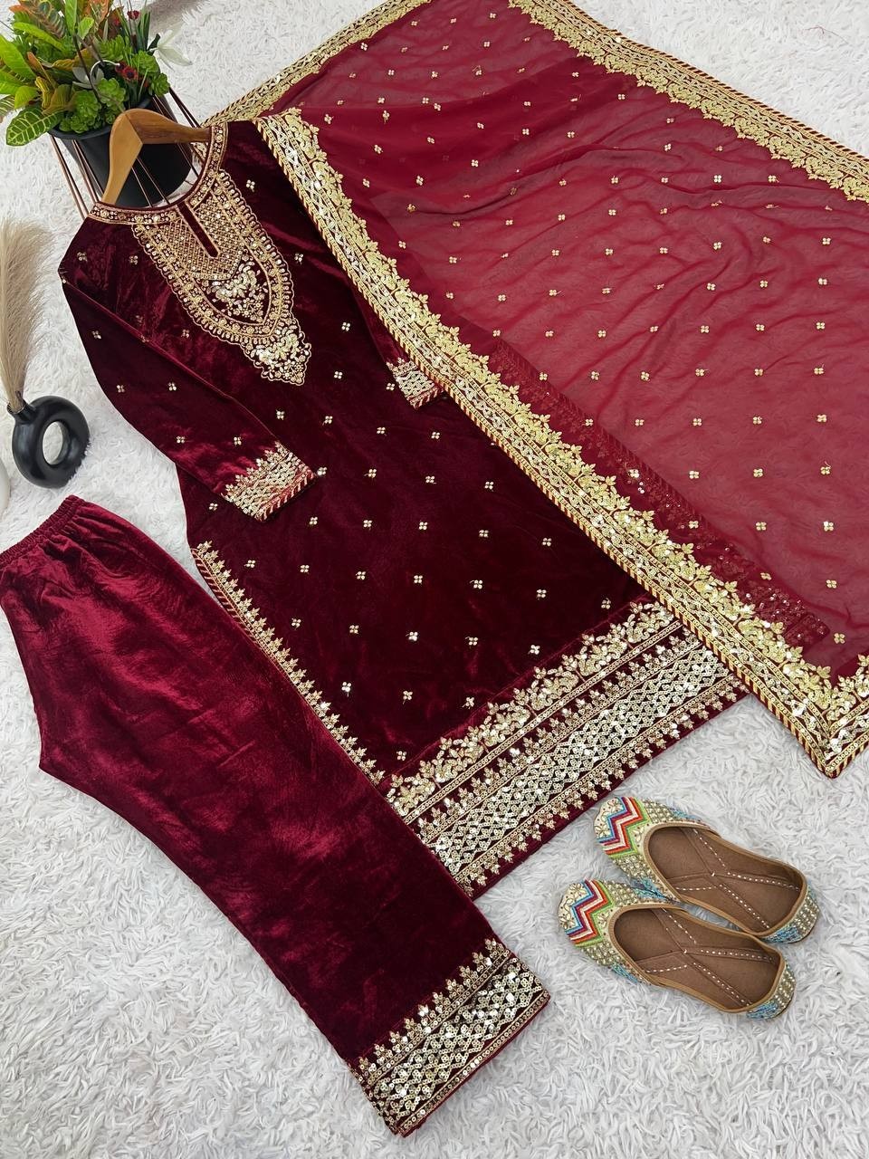 Beautiful Viscose Velvet Salwar Kameez With Faux Georgette Dupatta For Women
