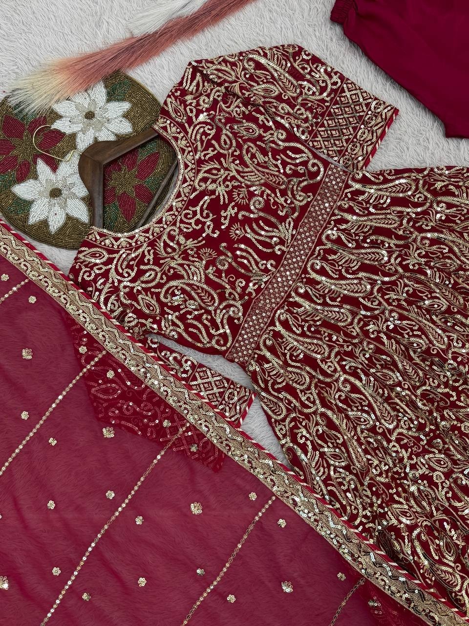 New Designer Maroon Heavy Faux Georgette Gown Bottom With Dupatta For Wedding