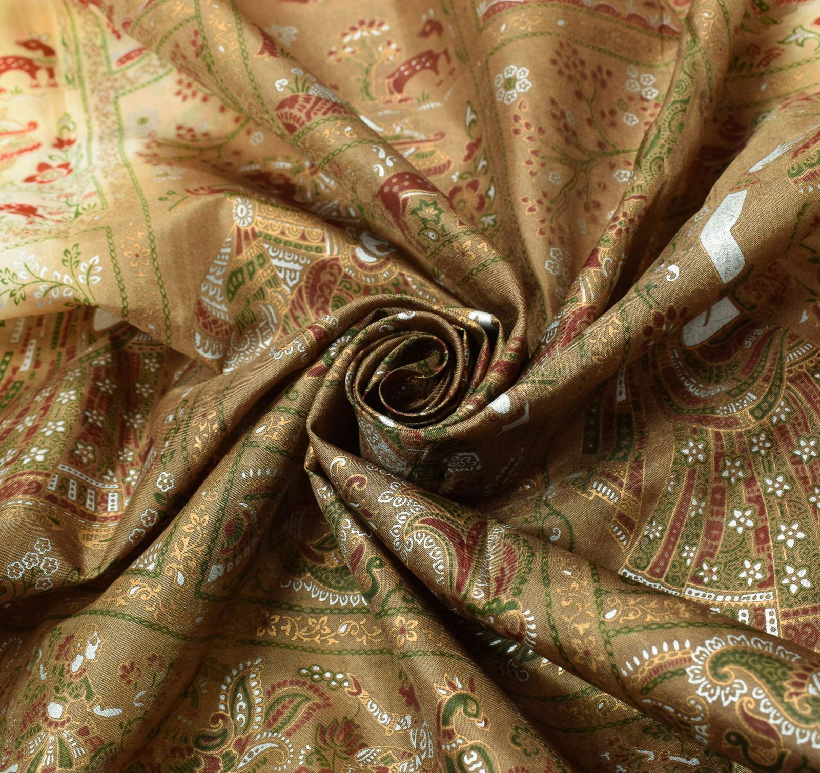 Sushila Vintage Yellow & Green Saree Printed Figure Pure Silk Sari Soft Craft Fa