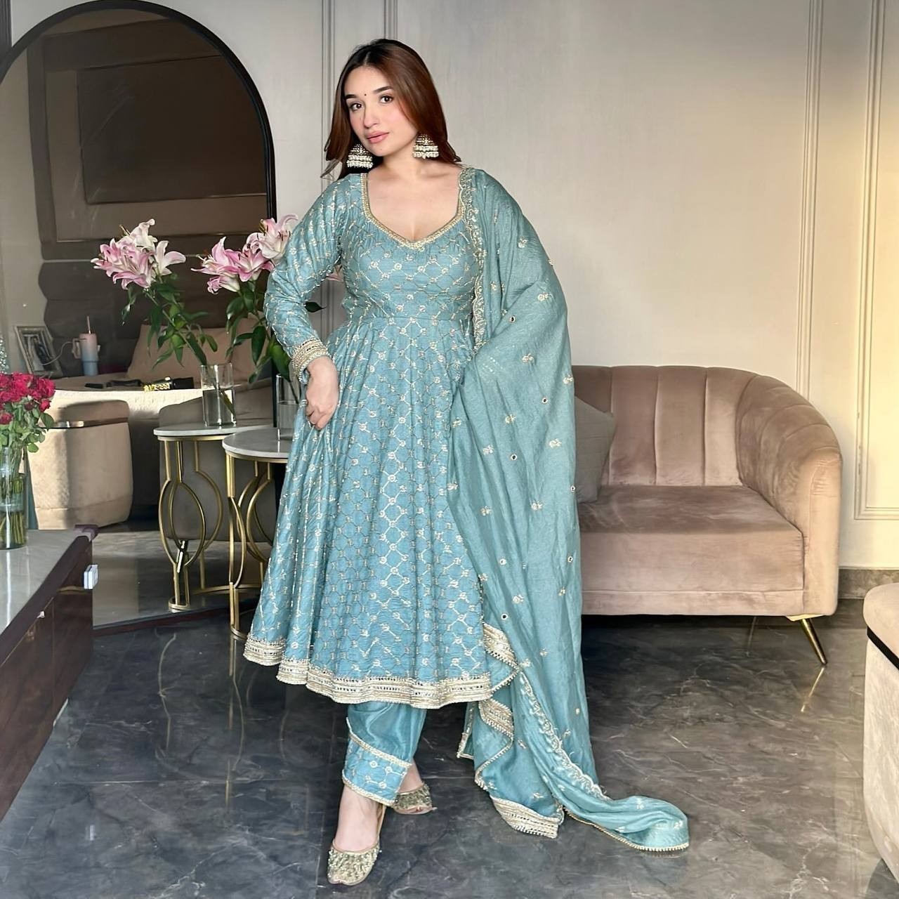 New Launch Heavy Georgette Gown Bottom With Sky Blue Dupatta For Function