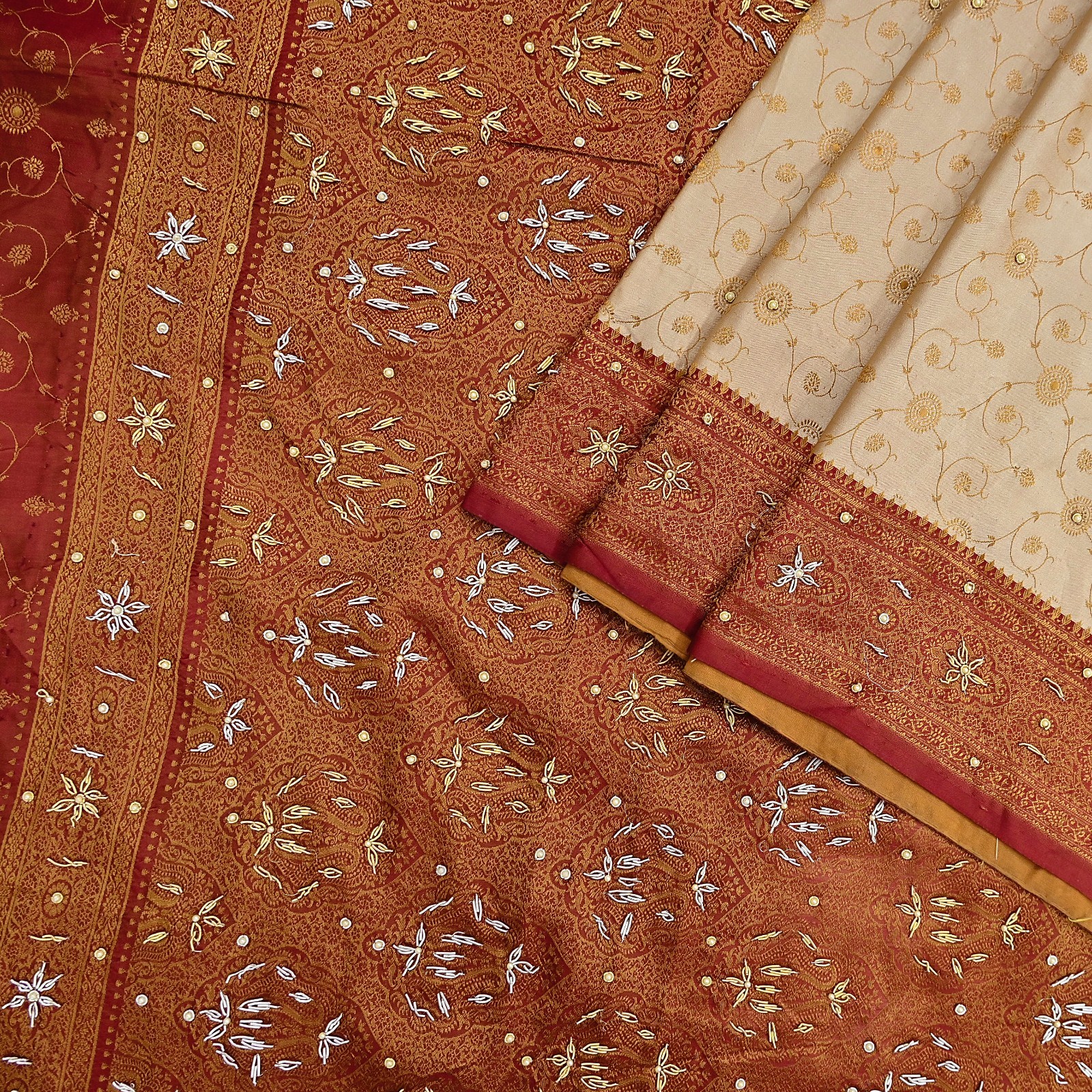 Indian Vintage Beige & Maroon Heavy Saree Pure Satin Silk Hand Embroidered 5yd