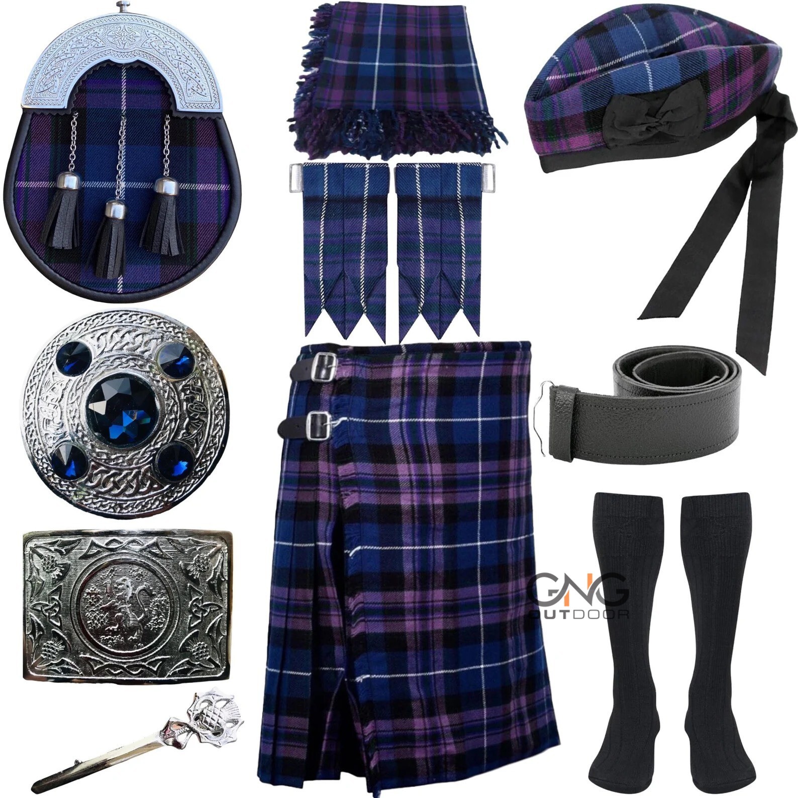 Scottish Men’s 10 Pieces Tartan Sporran Kilt Outfit Wedding kilt Set with Hat