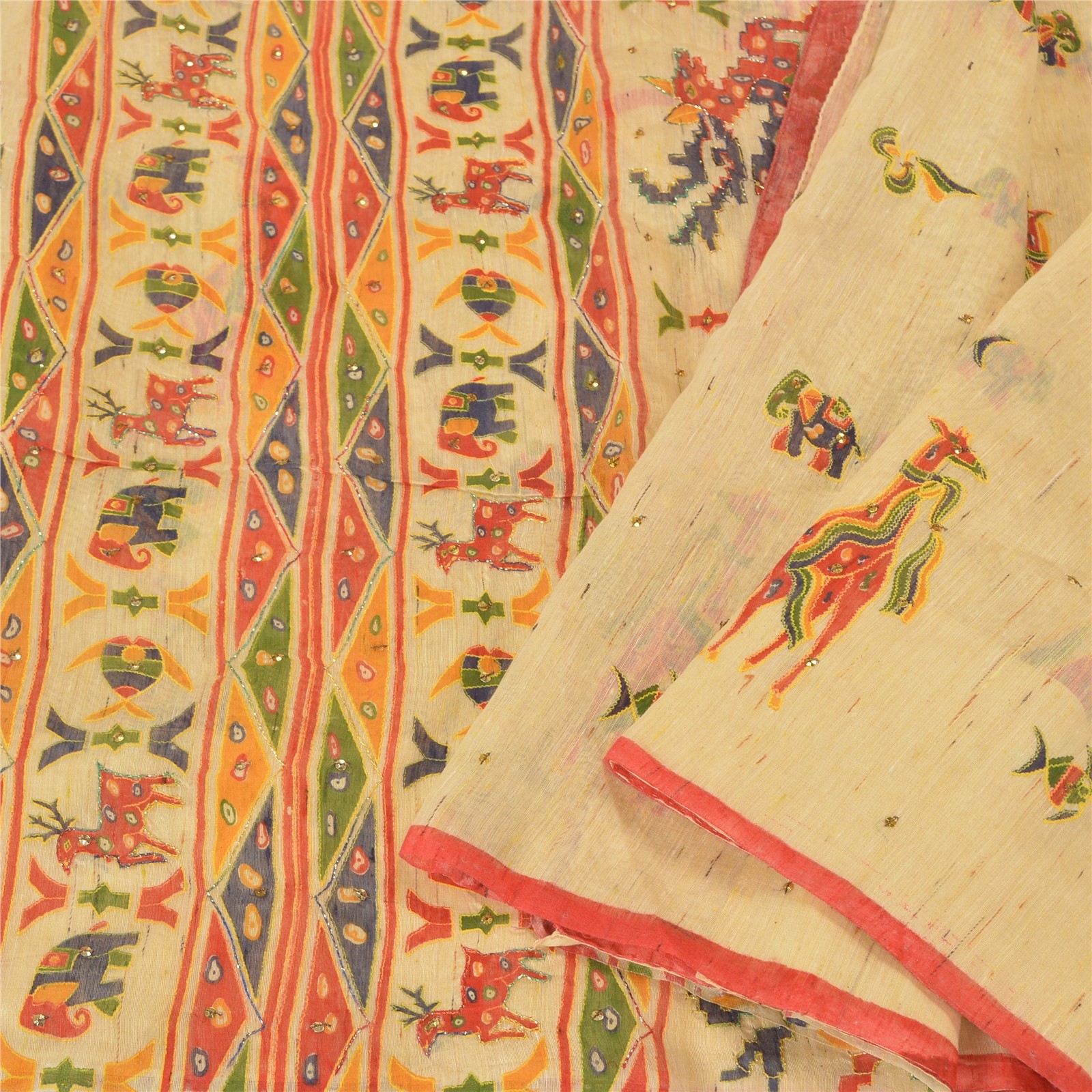 Sanskriti Vintage Ivory Sarees Cotton Hand Beaded Printed Sari Craft Fabric