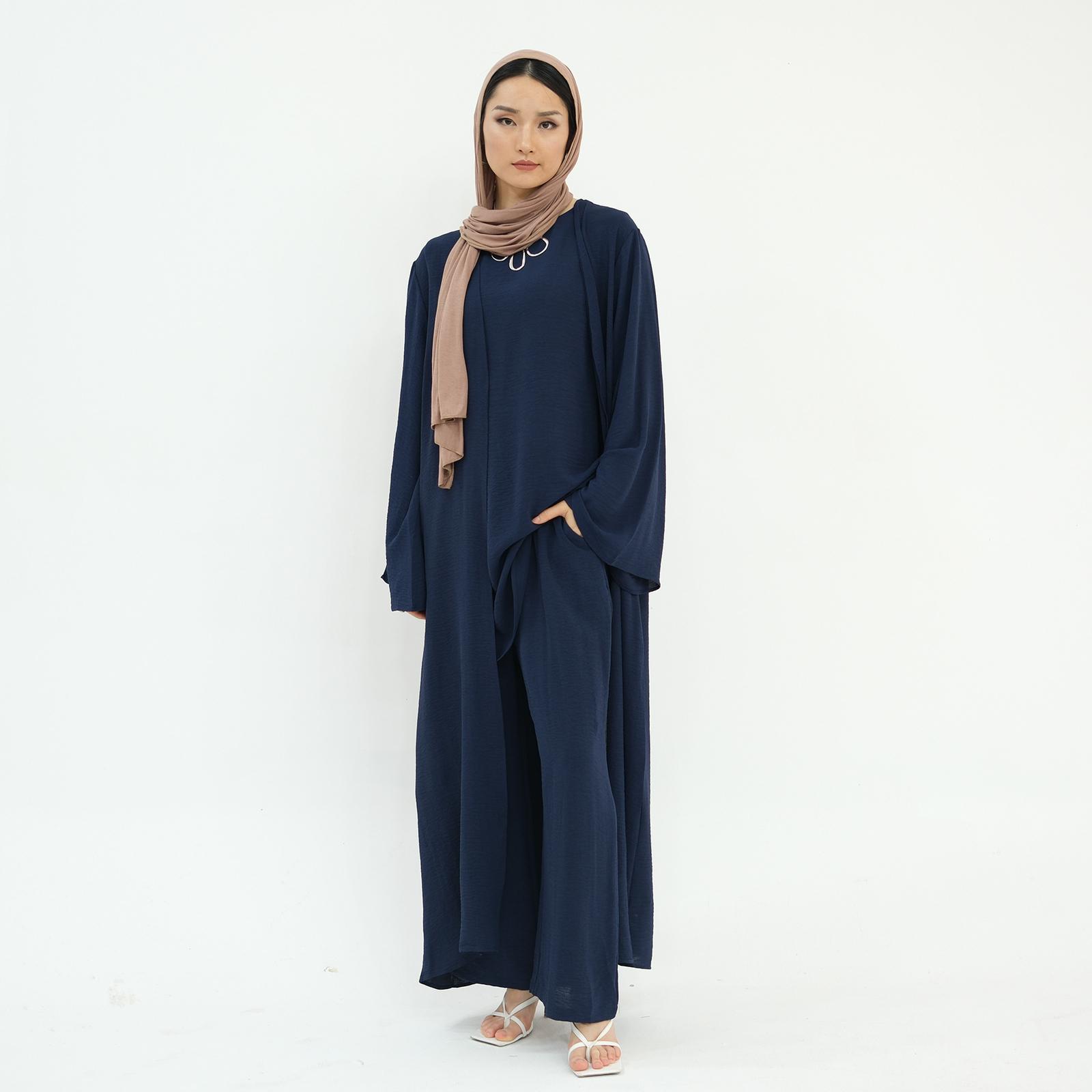 Muslim Women 3pcs Set Open Kimono Vest Pants Kaftan Dress Dubai Abaya Outfits