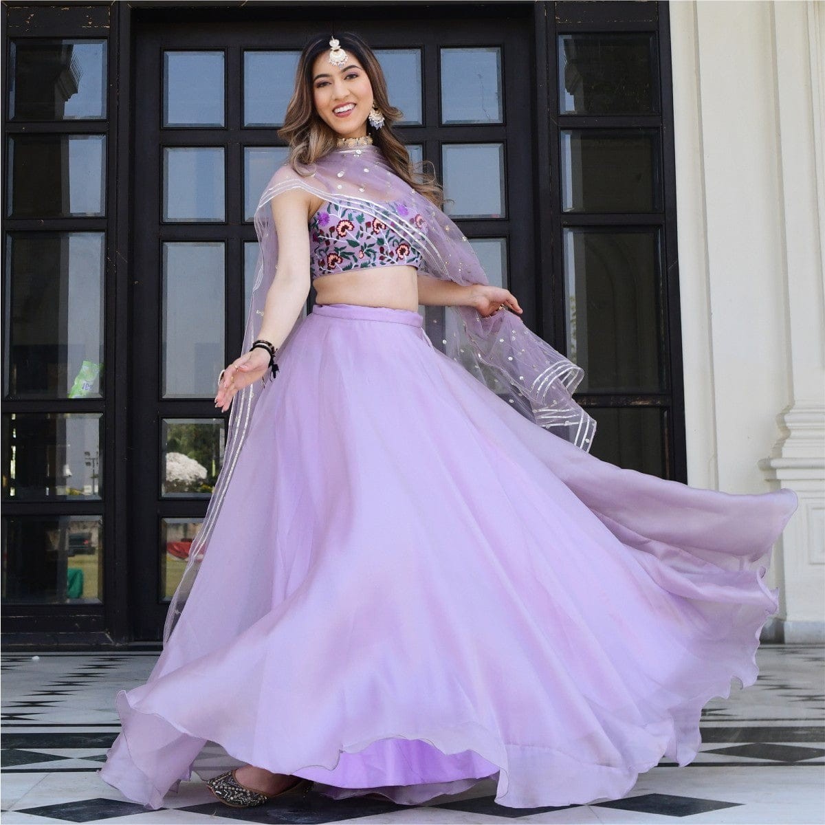Festive Party Wear Organza Lehenga Choli With Digital Print & Mirror Work