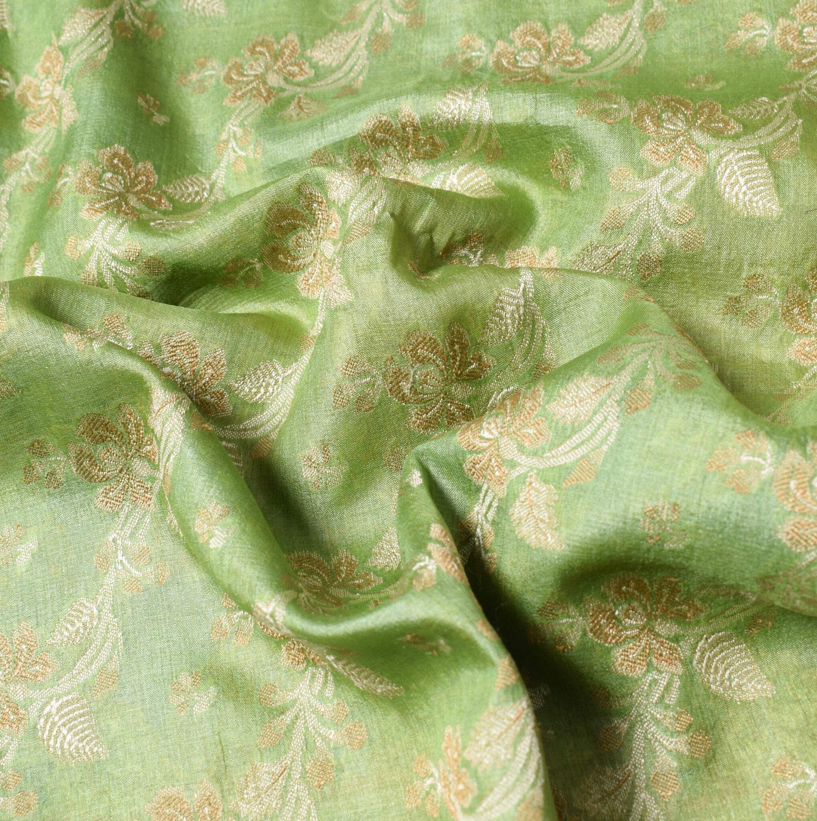 Sushila Vintage Green & Gray Saree Floral Woven 100%Pure Tussar Silk Sari Fabric