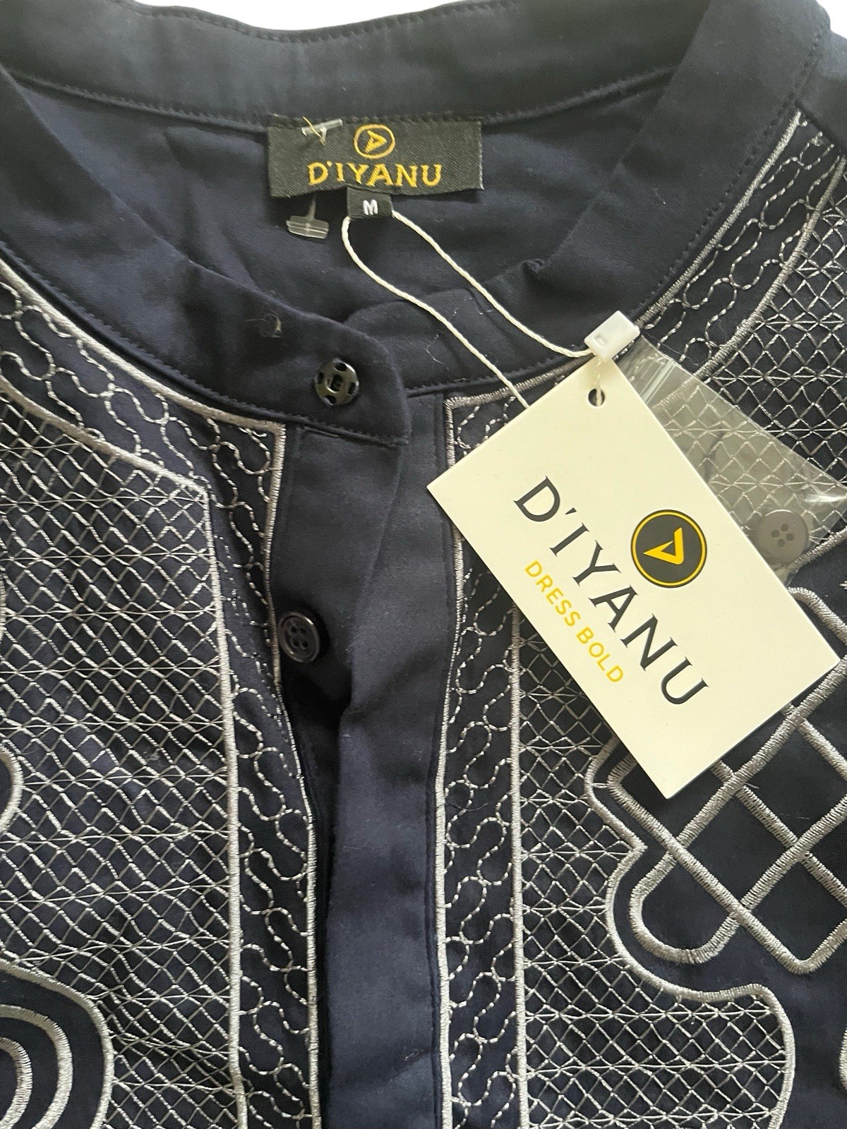 Diyanu Dubaku African Dashiki Long Sleeve Navy Blue Silver Geometric Size Med