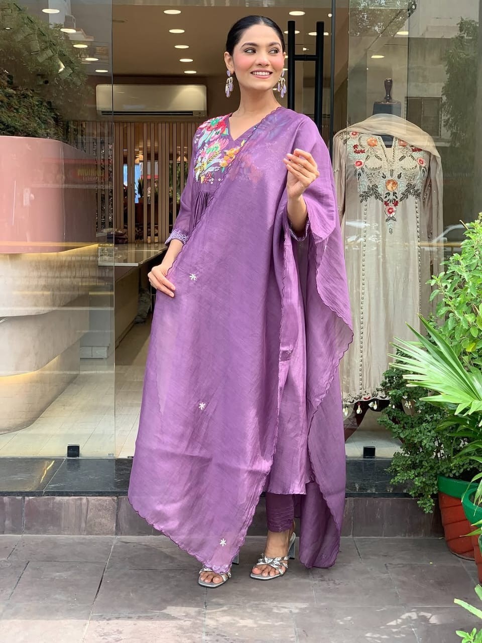 Fully Stitched Purple Kurta Palazzo With Dupatta Set, Readymade Salwar Kameez