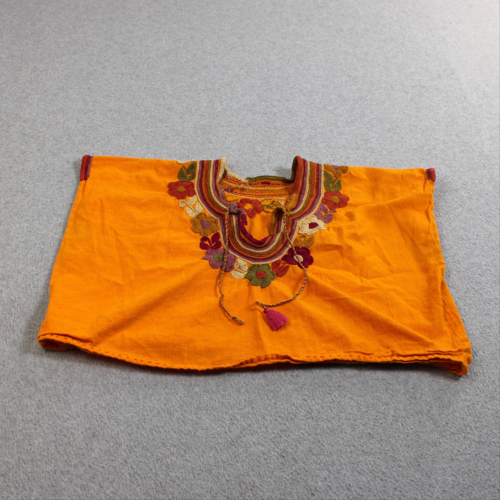 Mexican Embroidered Shirt Woman Large Orange Floral Tassel Cropped Boho Festival