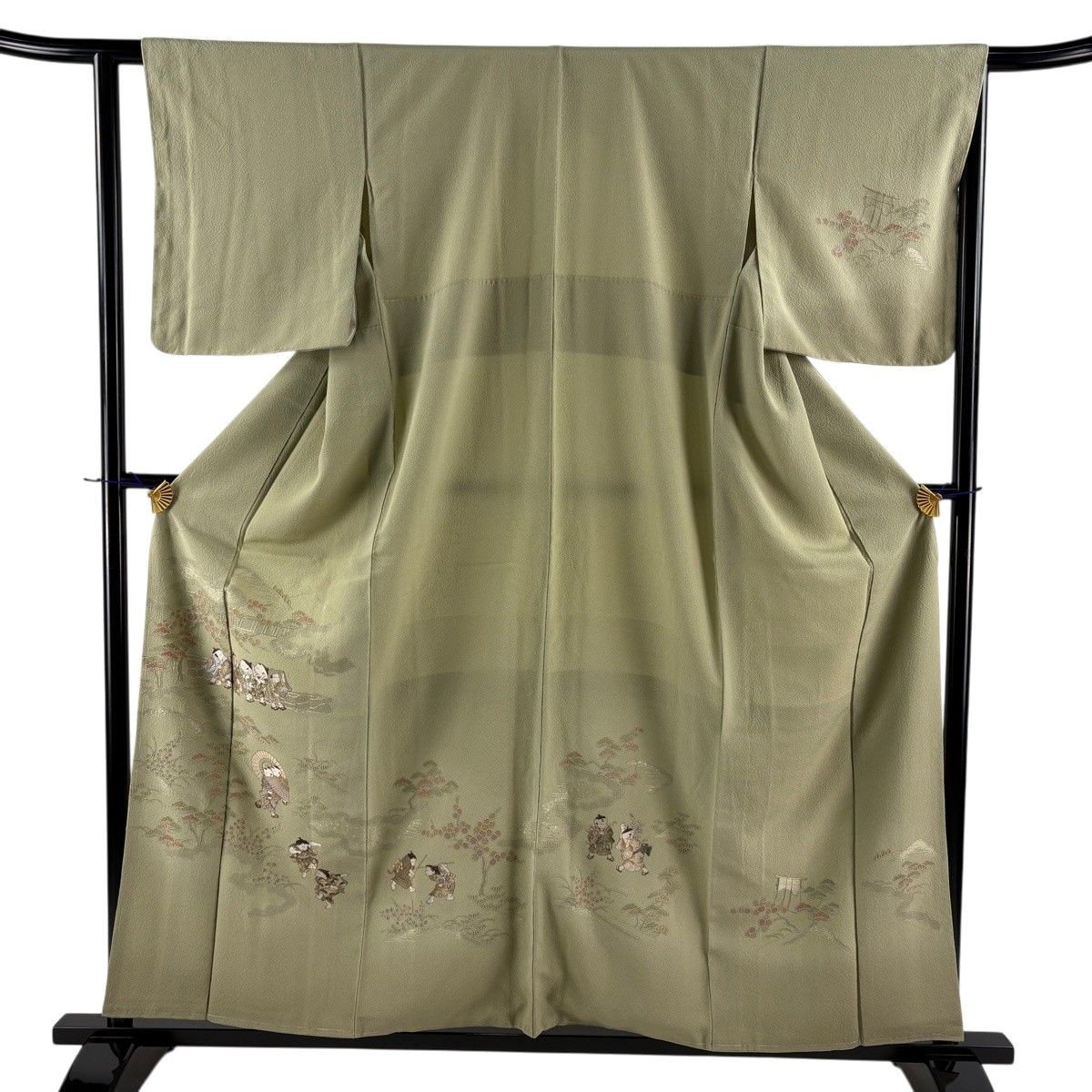 Tsukesage Kimono Embroidery Gold Thread Pine Bamboo Plum Gray Green Silk 158cm