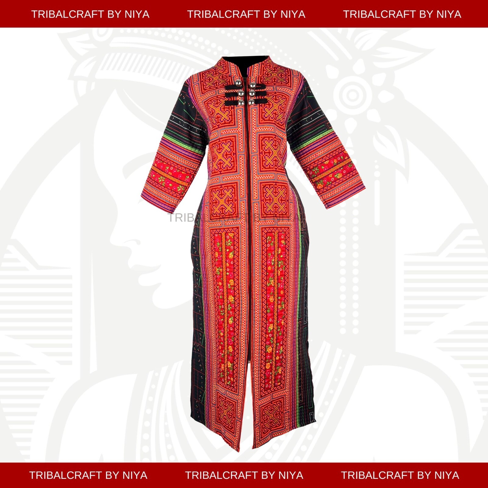 Handcrafted Hemp Thai Hill Tribe Long Jacket Dress – Embroidered Bohemian Style