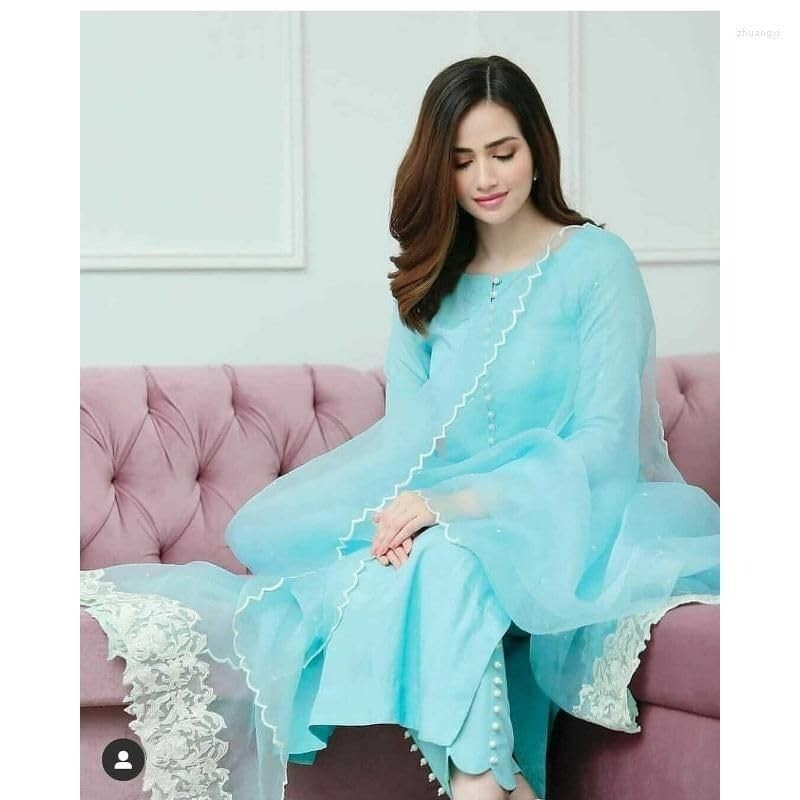 Women’s Aqua Blue Cotton Embroidered Salwar Suit Set with Straight Kurta