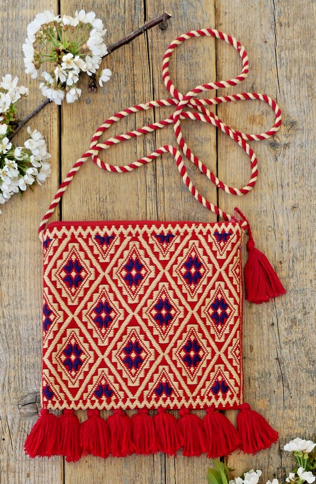 Shoulder Bag Morral Mayan Padded Red Cream & Blue Handwoven Chiapas Mexican Boho