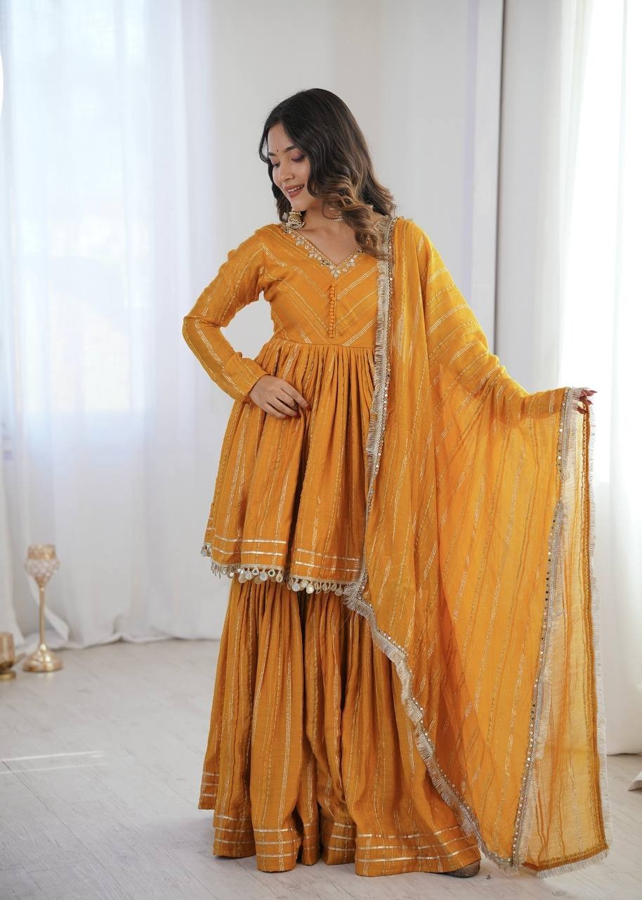 Stylish Look Mal Chanderi Yellow Palazzo Suit With Dupatta For Function Wear