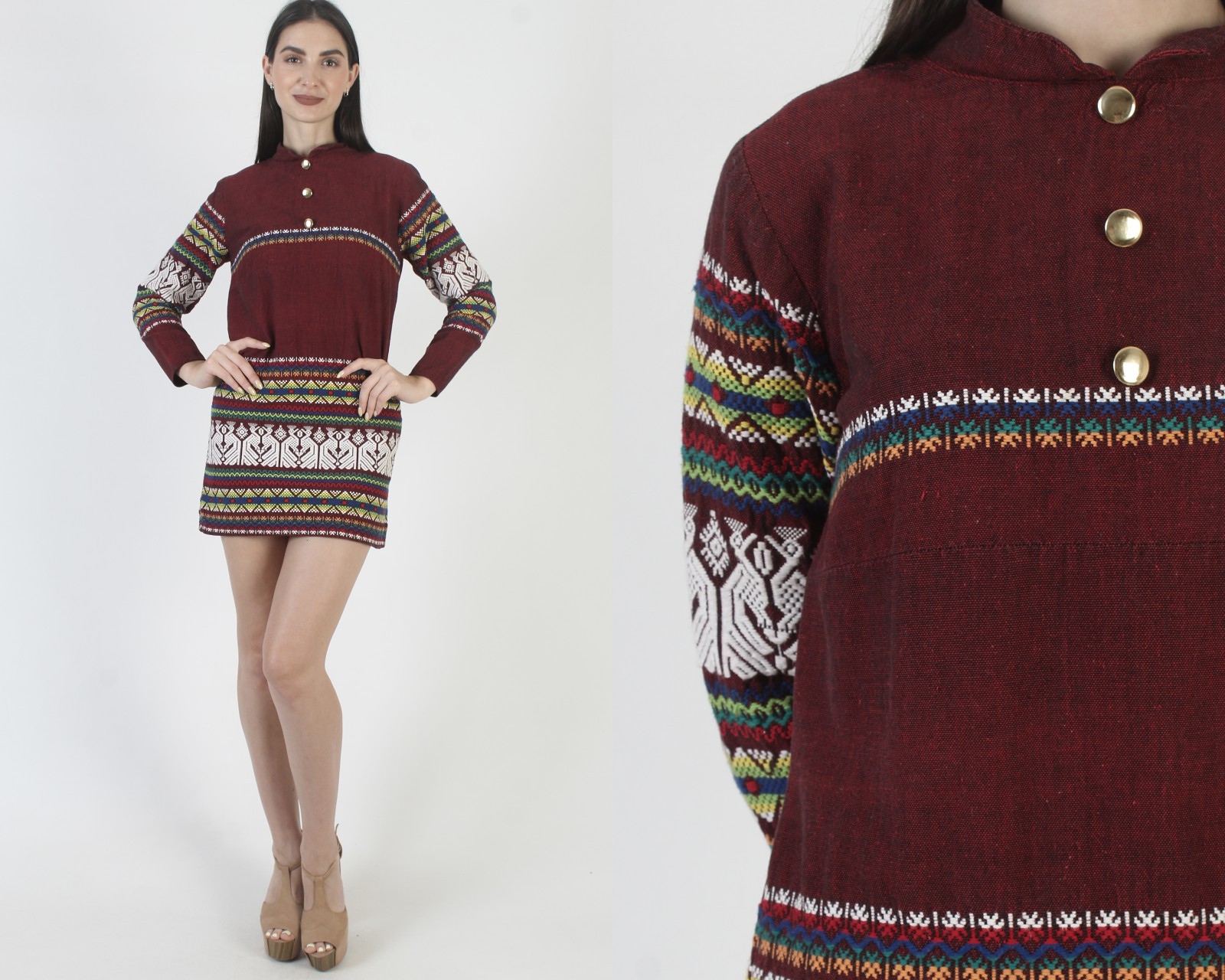 Burgundy Cotton Guatemalan Dress Embroidered Ethnic Mexican Aztec Bird Mexican