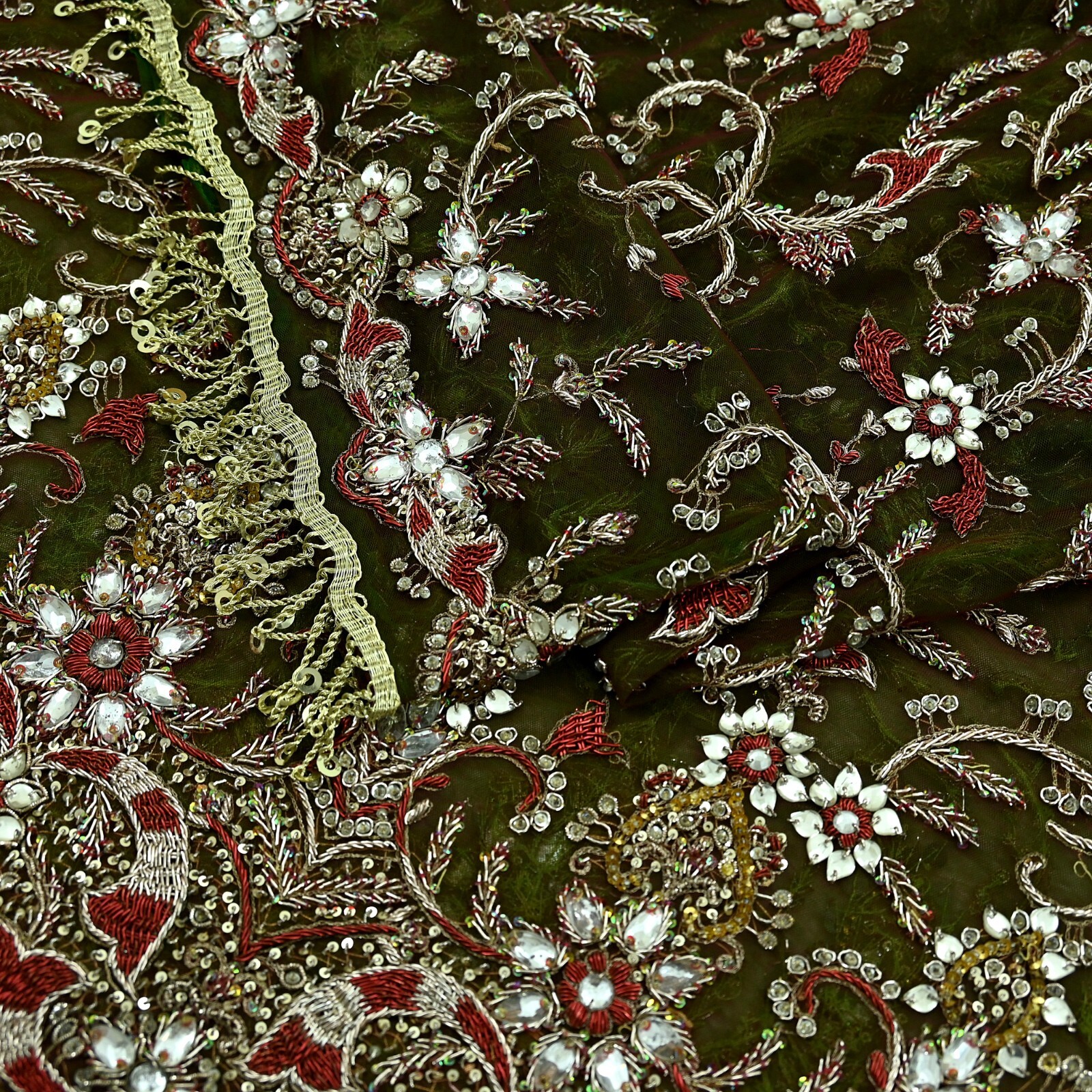 Vintage Heavy Green & Maroon Dupatta Net Mesh Long Stole Hand Embroidered Veil