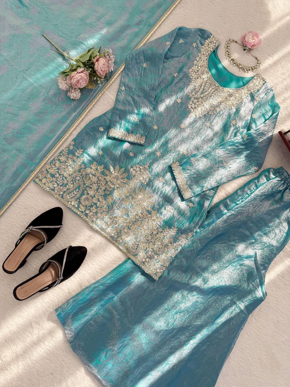 New Presenting Heavy Silk Sky Blue Top Palazzo With Dupatta For Wedding Wear