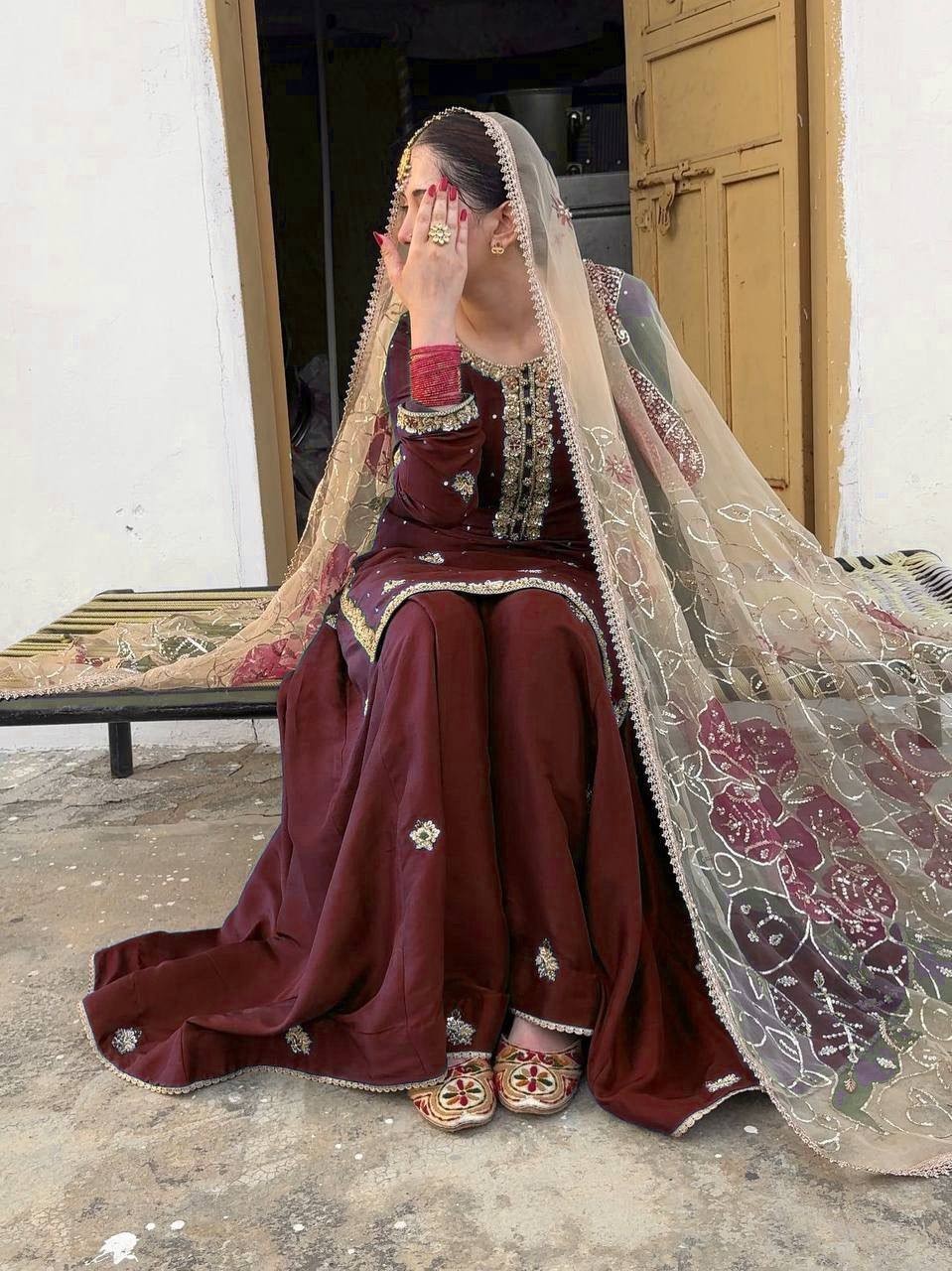 New Launch Chinon Maroon Top Palazzo With Fancy Dupatta For Functional Wear