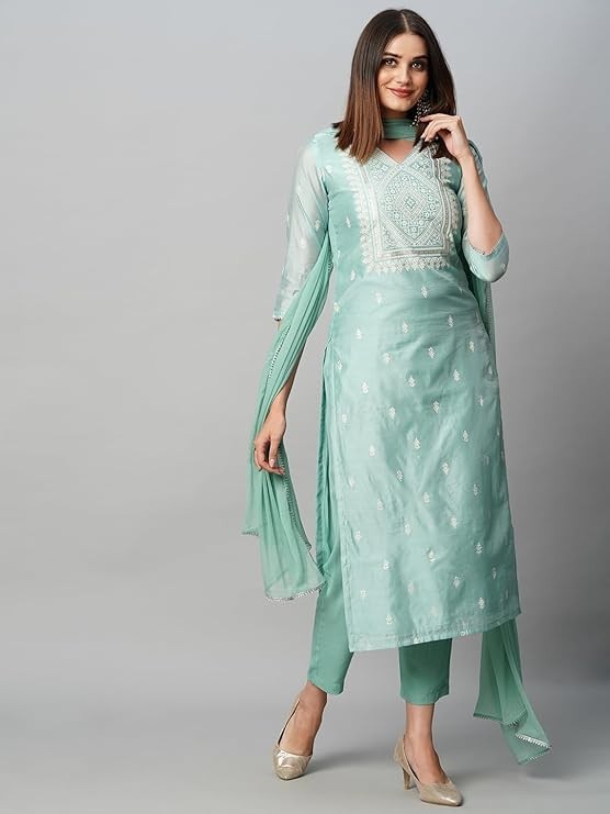 Women Blue Plus Size Floral Printed Indian Cotton Kurta Top & Pant With Dupatta