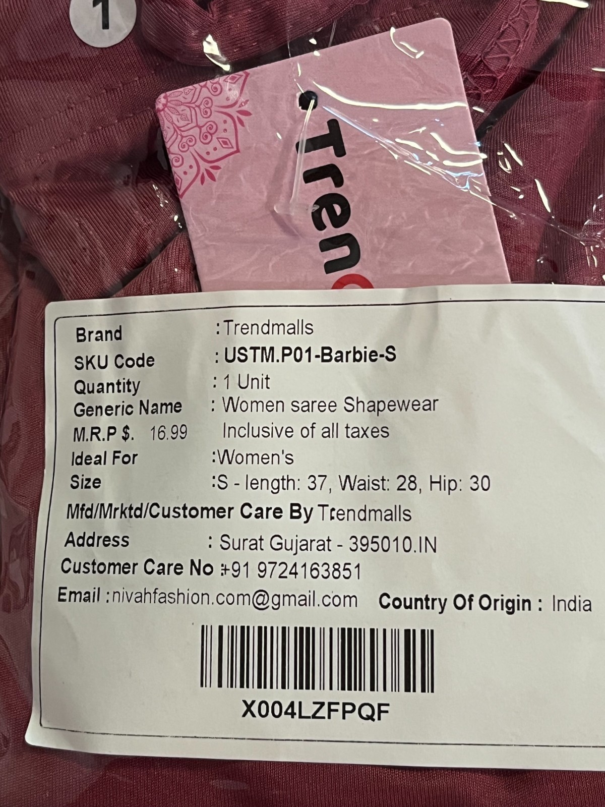 Trendmalls Fish Cut Lycra-Spandex Saree Shapewear Size S Maroon