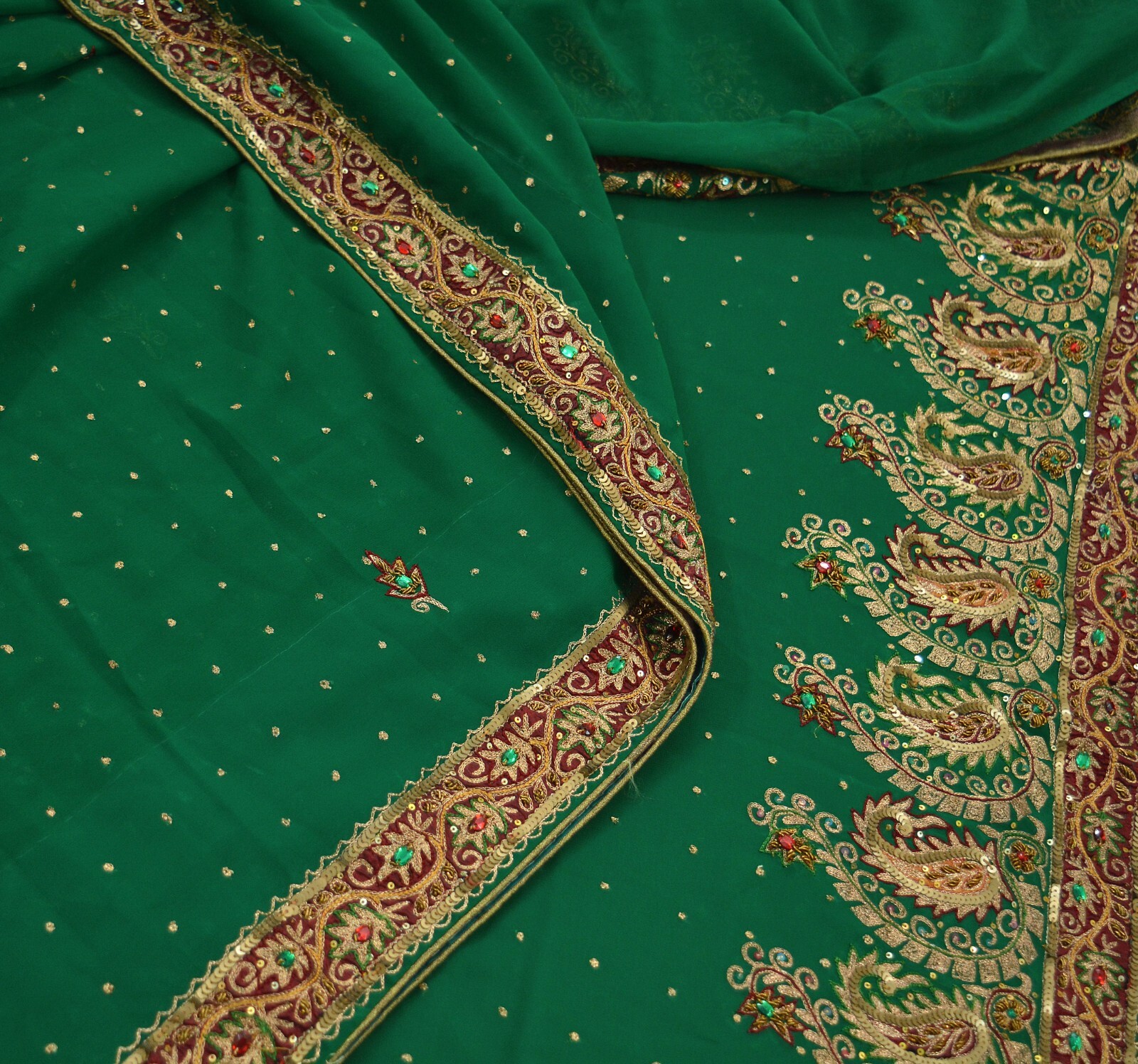 Indian Vintage Green Saree Pure Georgette Silk Hand Beaded Sari Fabric 5Yd Dabka