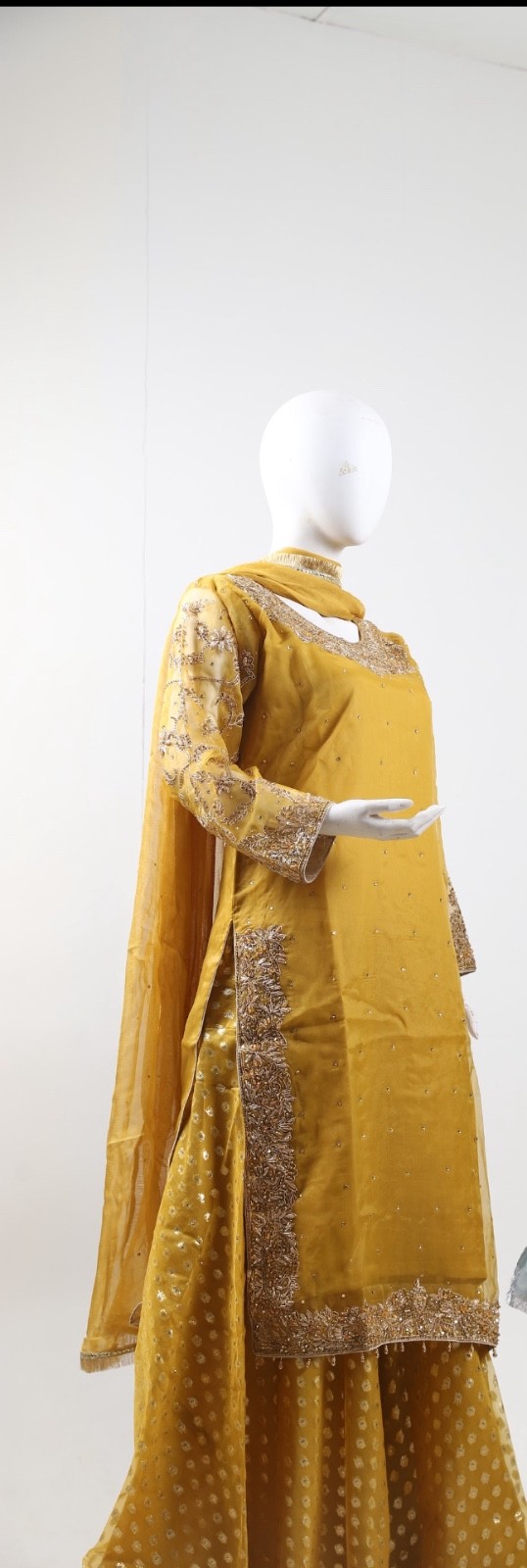 Stitched Mustard Yellow Pakistani/Indian Embroidered Chiffon Suit with Sharara.