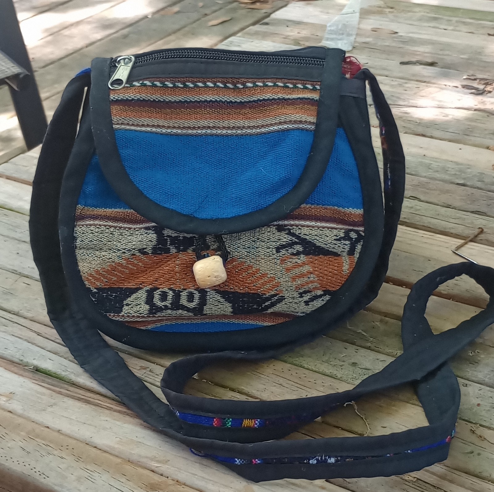 Handmade Andean Cotton Blend Shoulder Bag Multi-Color Patterned Wooden Button