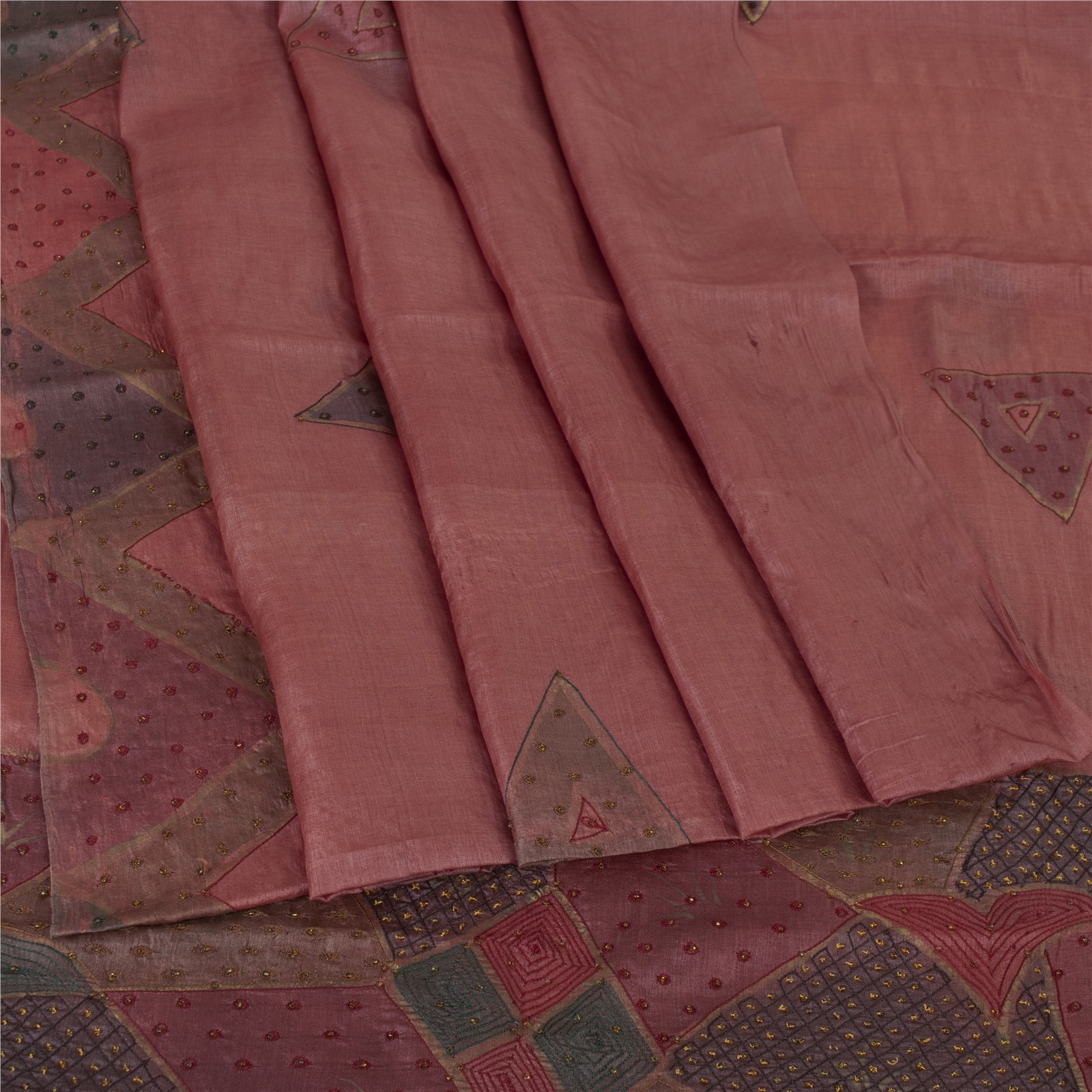 Sanskriti Vintage Peach Sarees 100% Pure Silk Hand Beaded Craft 5 Yd Fabric Sari
