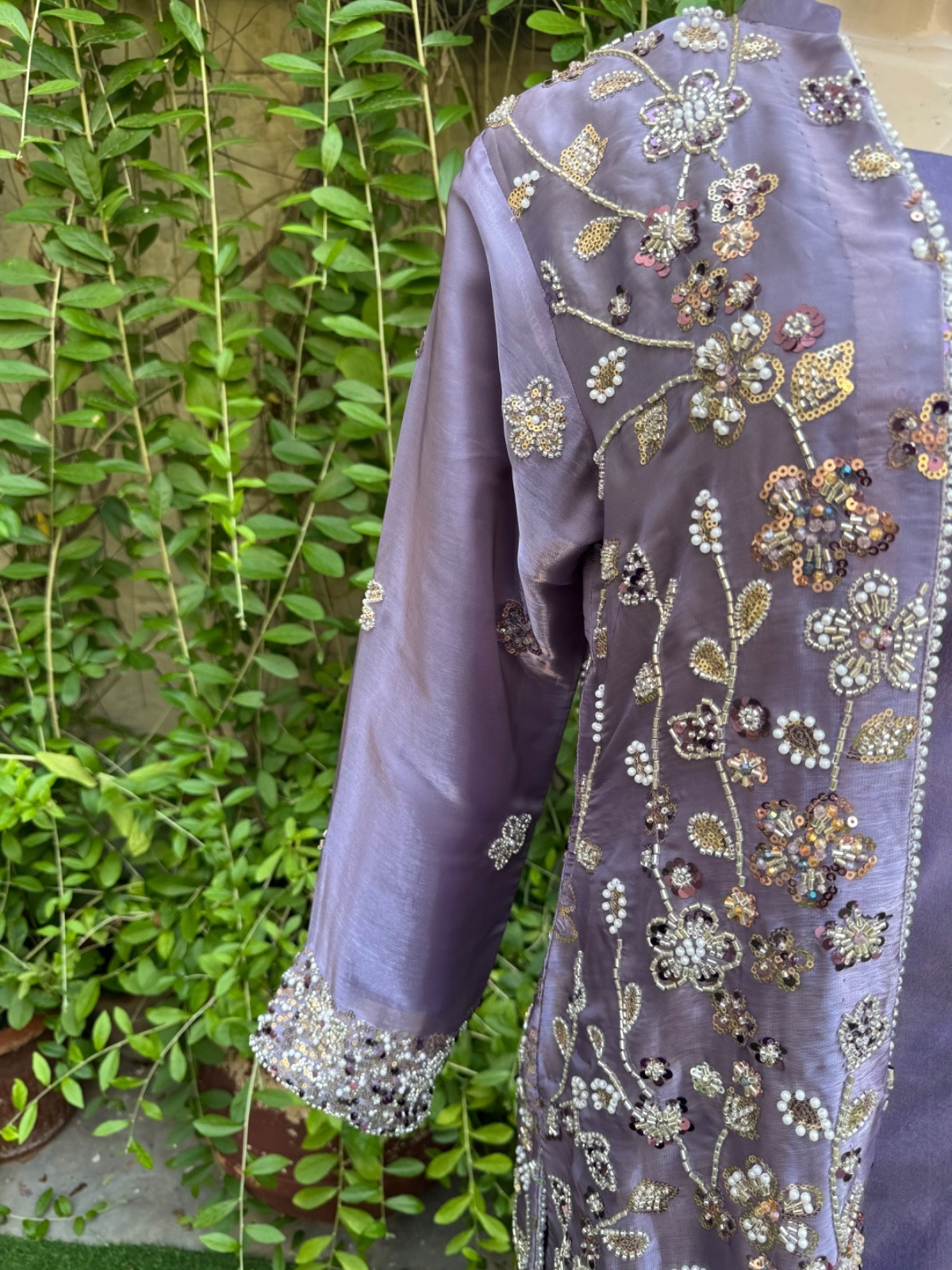 Pakistani purple silk long Gown shirt Style Embroidered Sequins Dress,L
