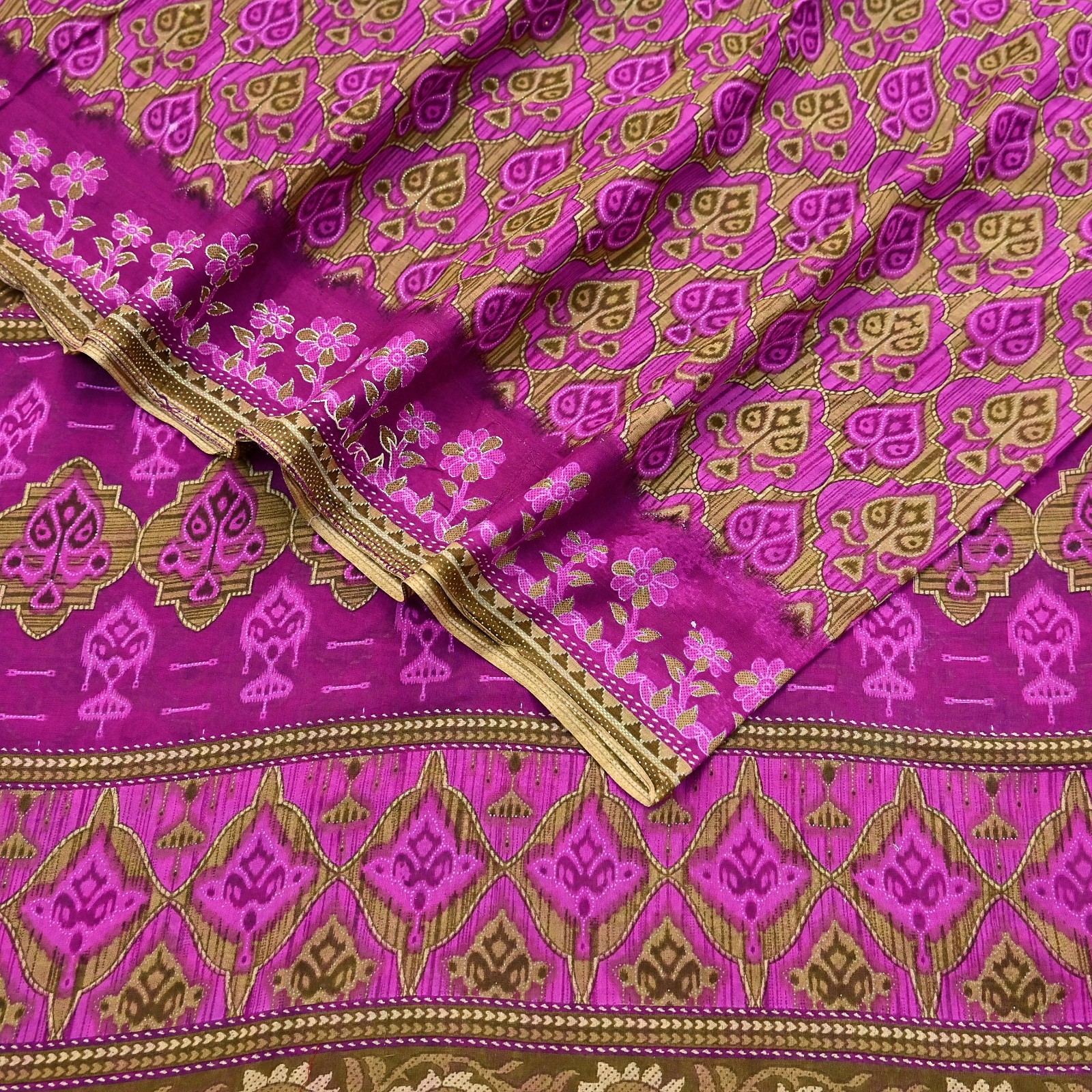 Indian Vintage Sari Green & Purple Pure Cotton Printed Sarees Craft Fabric Soft