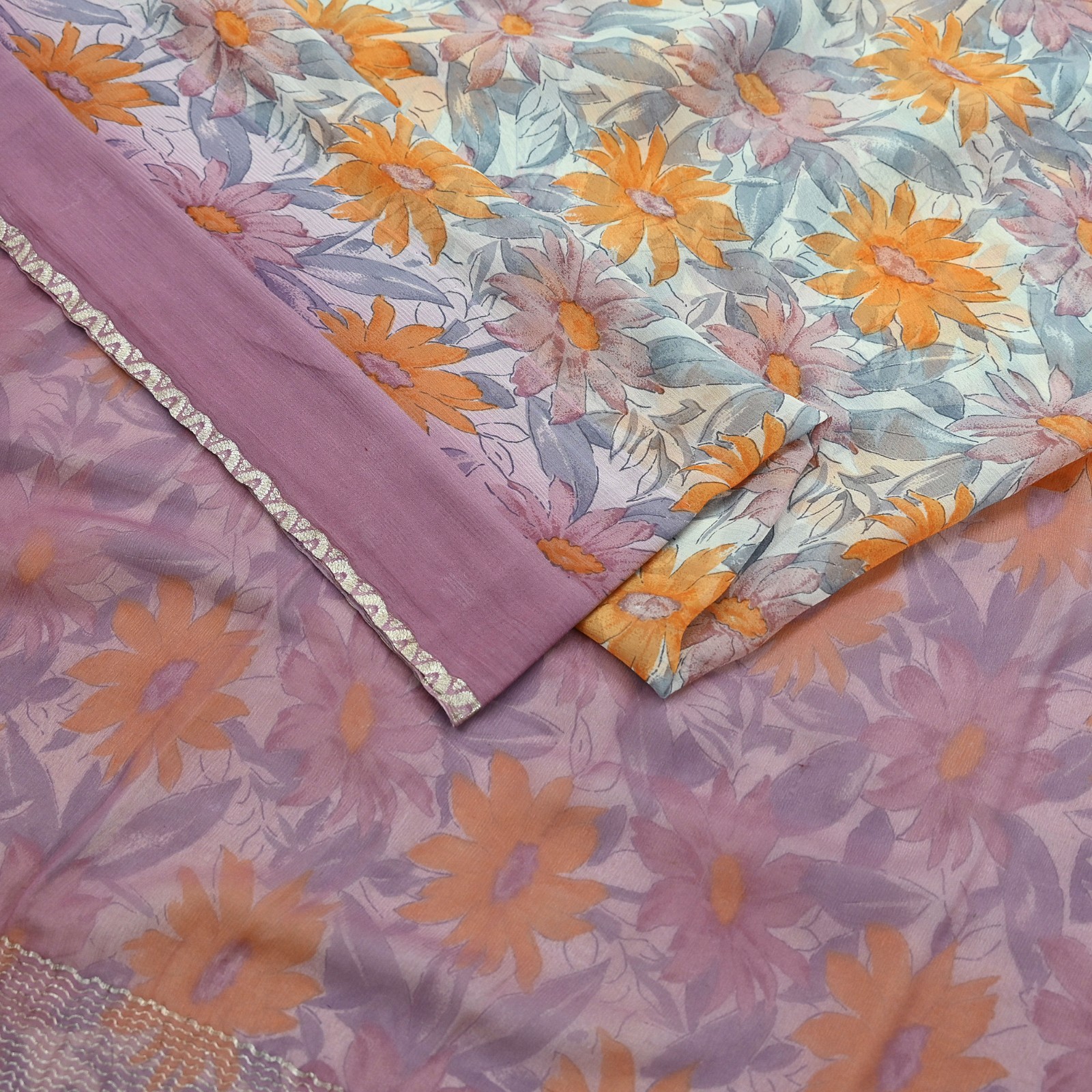 Vintage Sari Pure Chiffon Silk Sarees Printed Floral 5 Yards Soft Fabric Zari