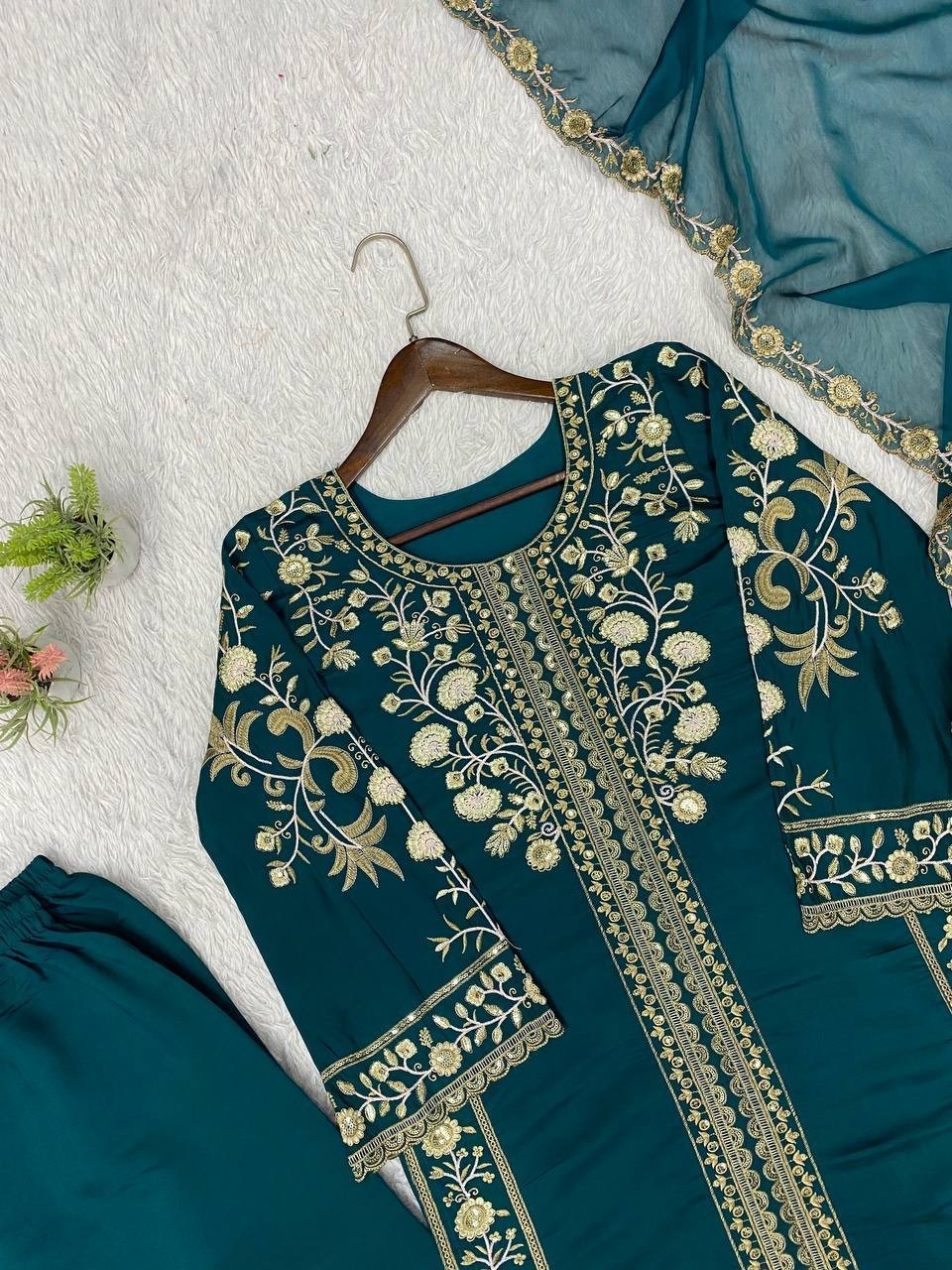 New Designer Teal Blue Roman Kurta Palazzo With Dupatta For Wedding Wear