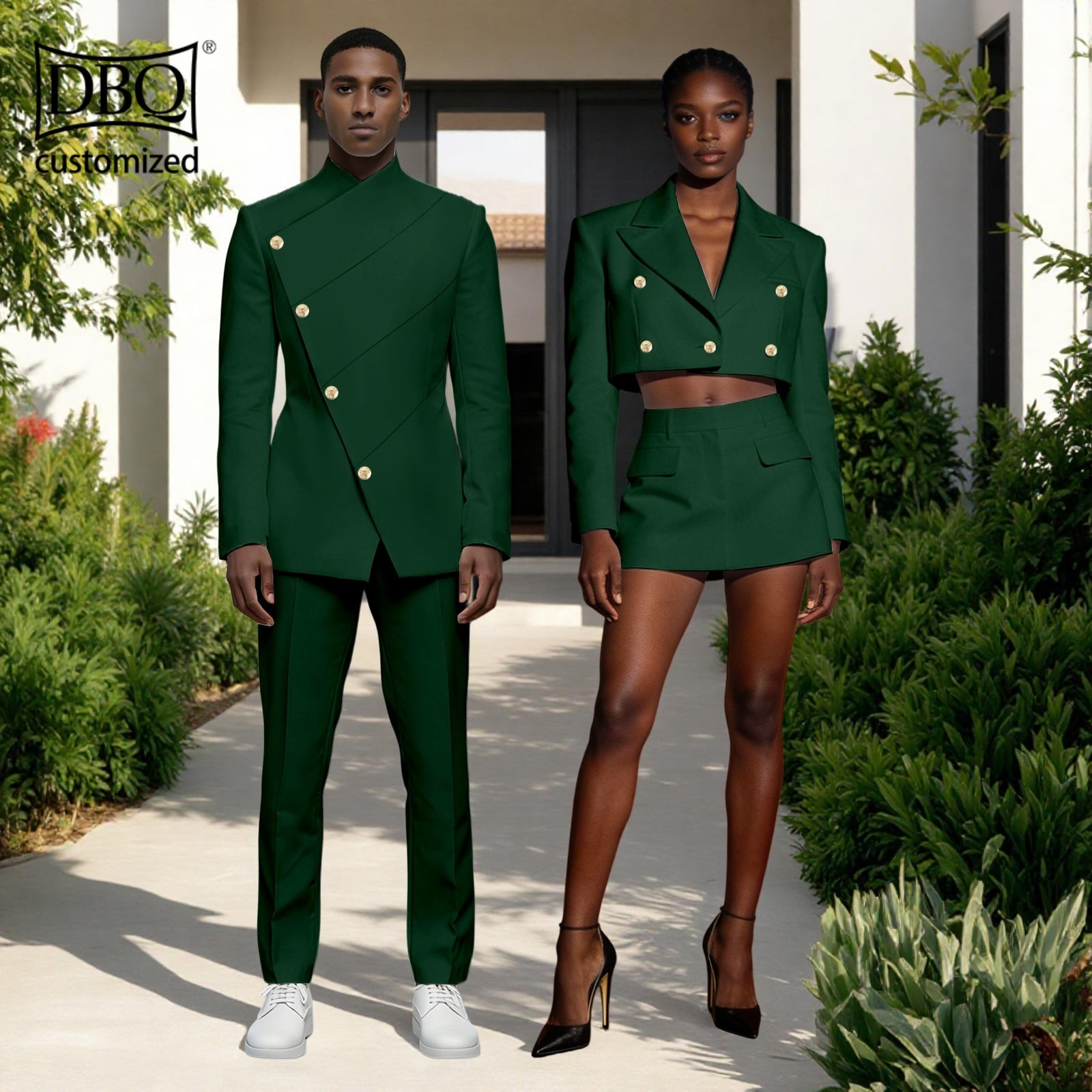African Couple Cloth Customizable Men Jacket Pants Set Women Short top Skirt Set