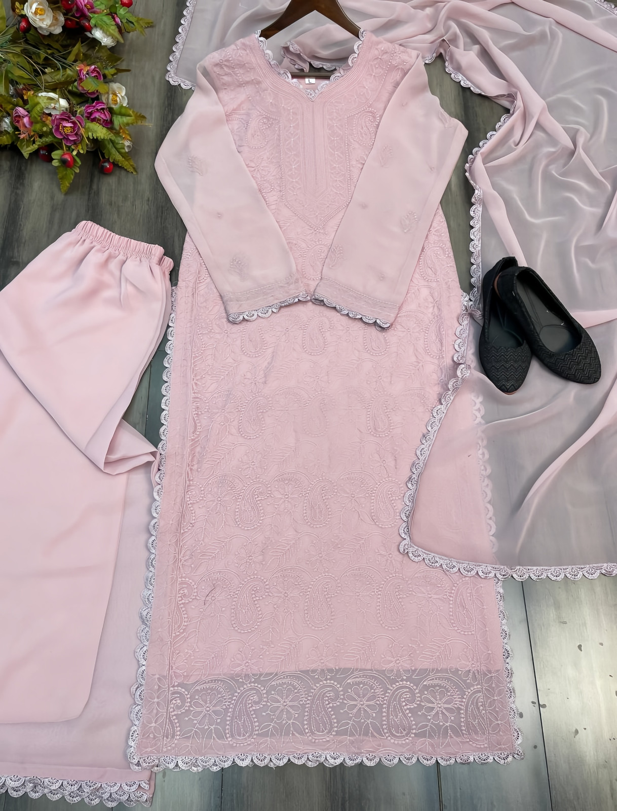 Georgette Embroidered Chikankari V Neck Kurta with Palazzo and Dupatta