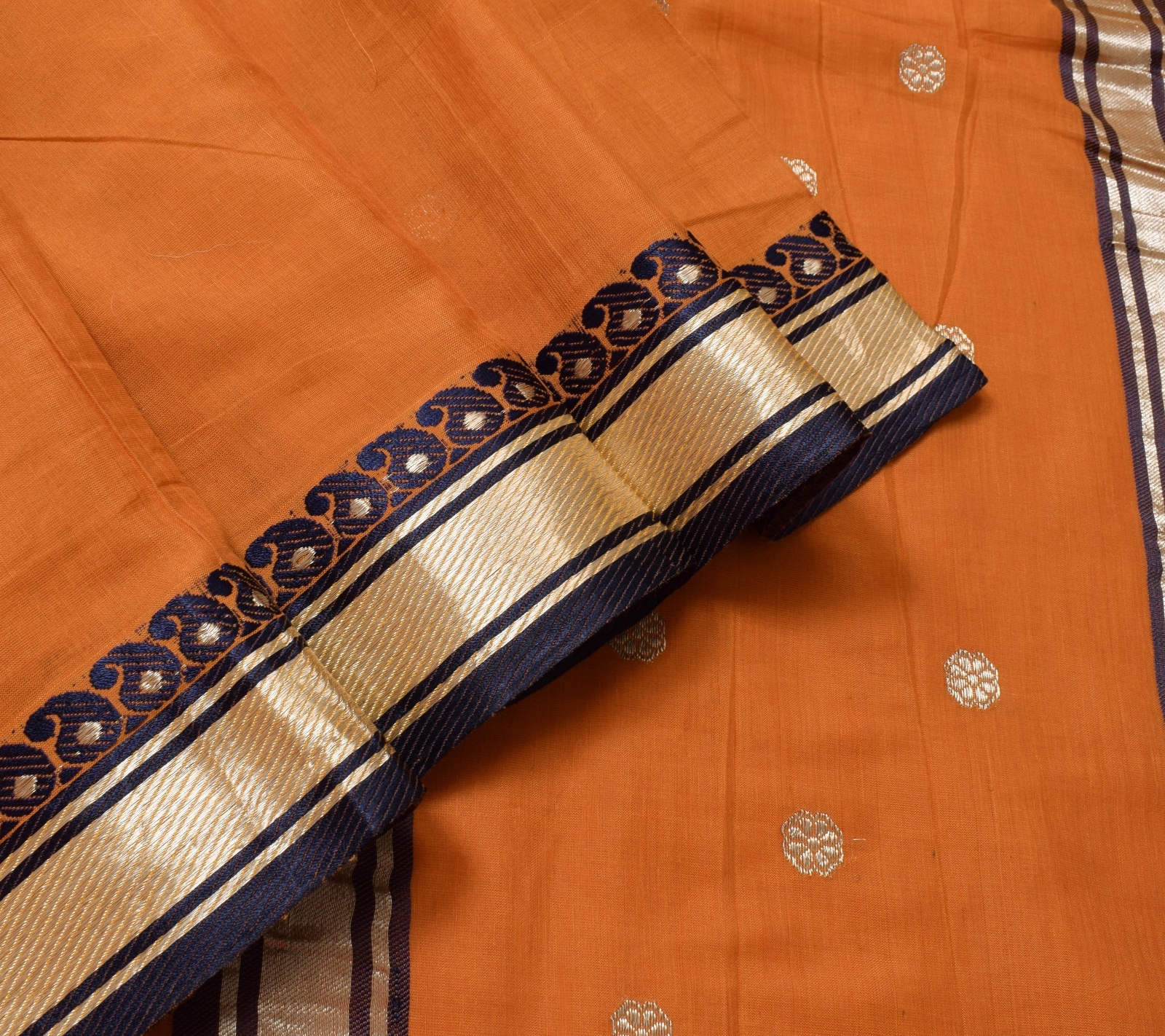 Sushila Vintage Rust 100%Pure Cotton Saree Zari Brocade Floral Sari Craft Fabric