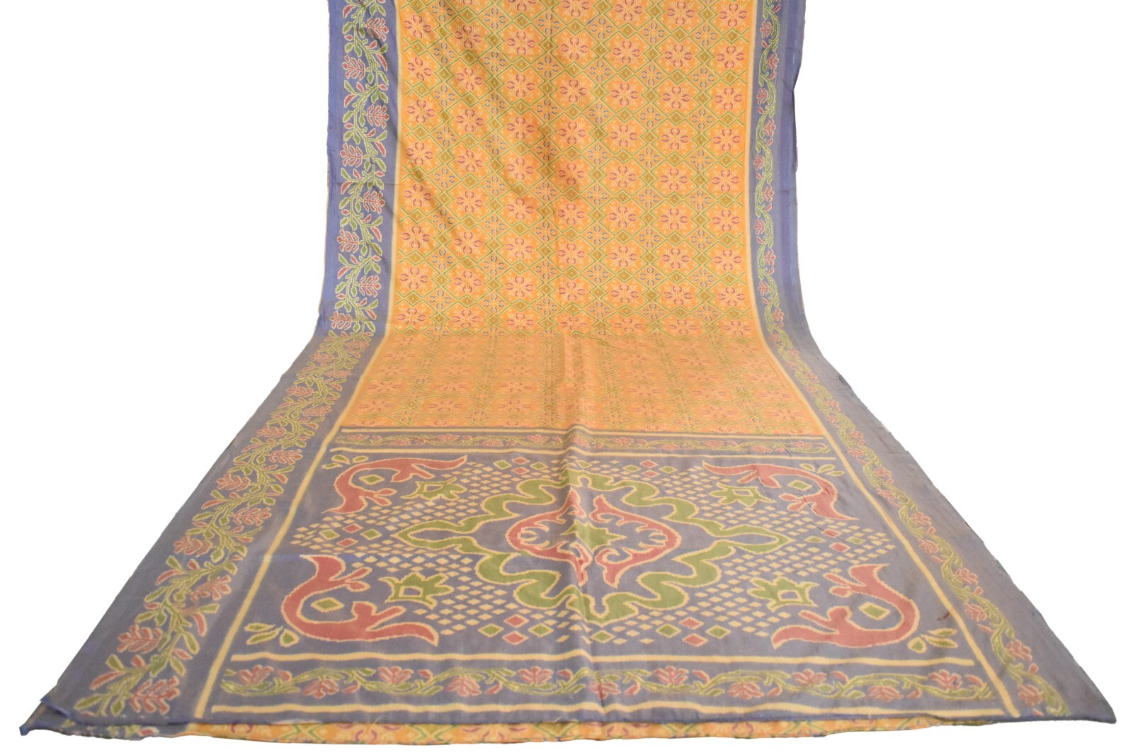 FNC Vintage Saree Indian Yellow Woven Ikat Blend Silk Sari Craft Fabric 5YD