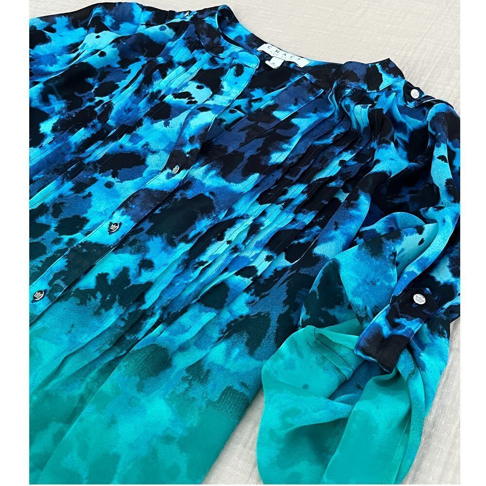 Watercolor Ombre Pattern Button Blouse Turquoise Navy Blue Beach Artsy Small Med